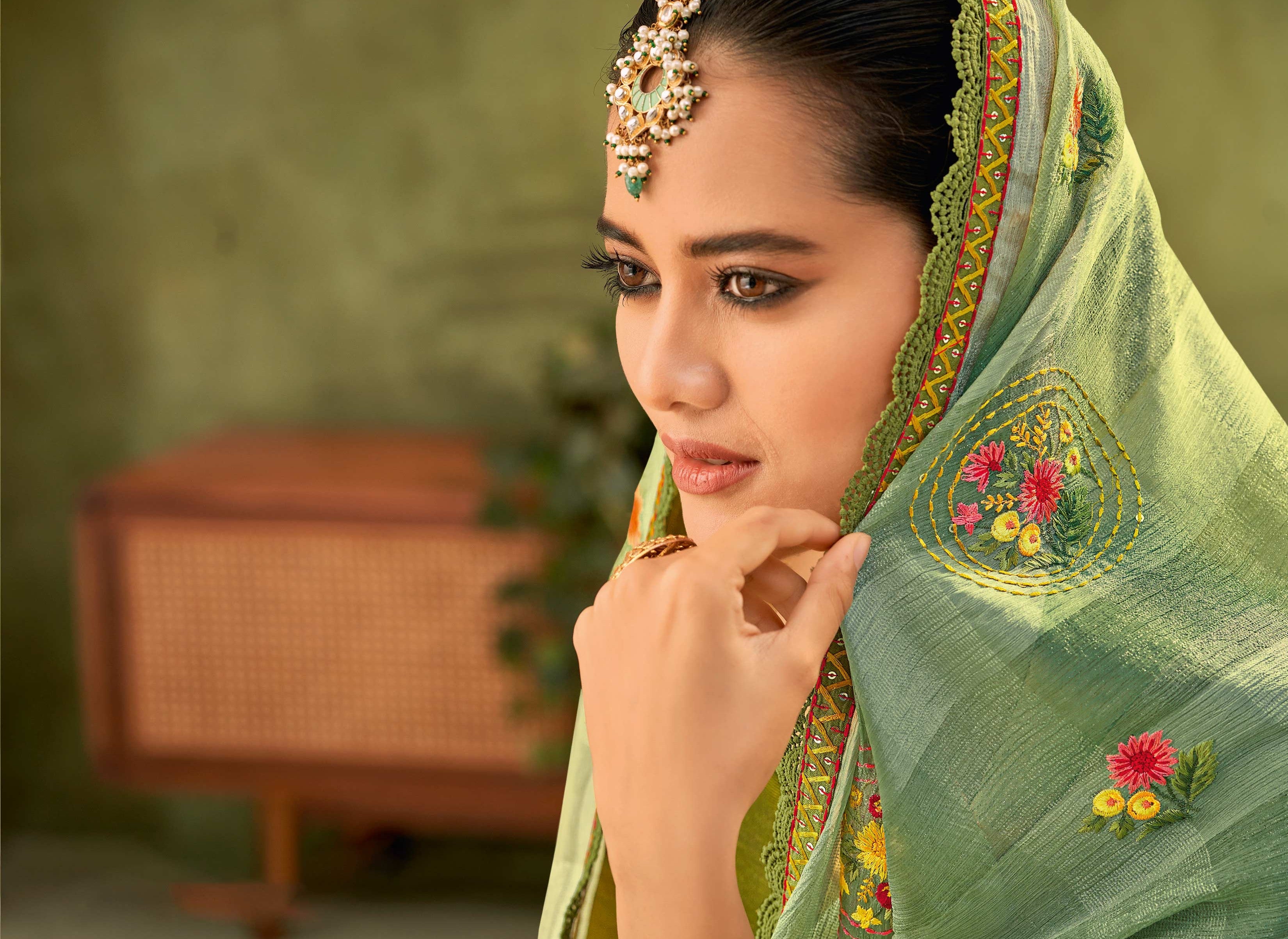 Olive Green Ombre Georgette Saree with Floral Embroidery - Angoor