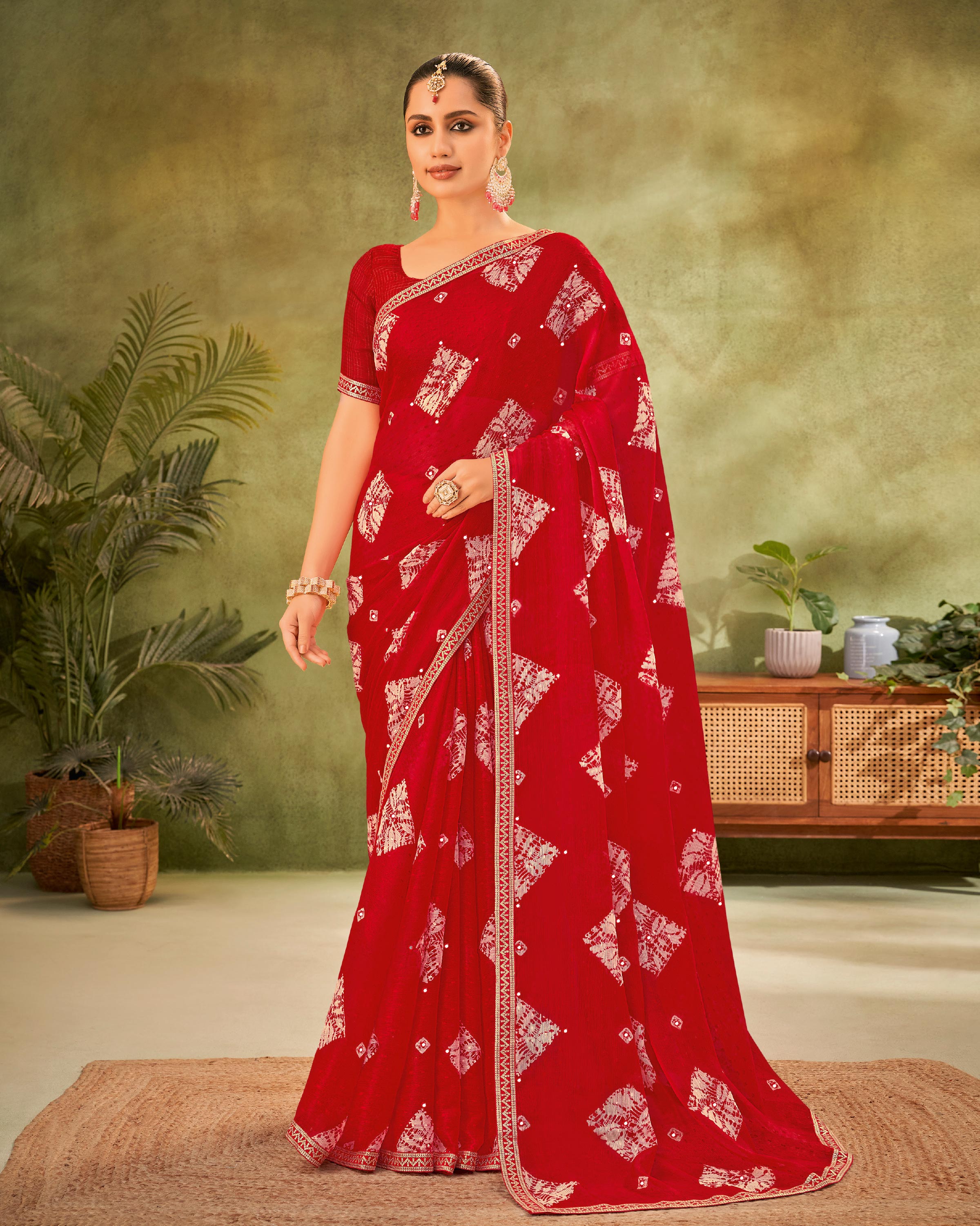 Red Chiffon Saree with Geometric motifs with Sequin Border - Angoor