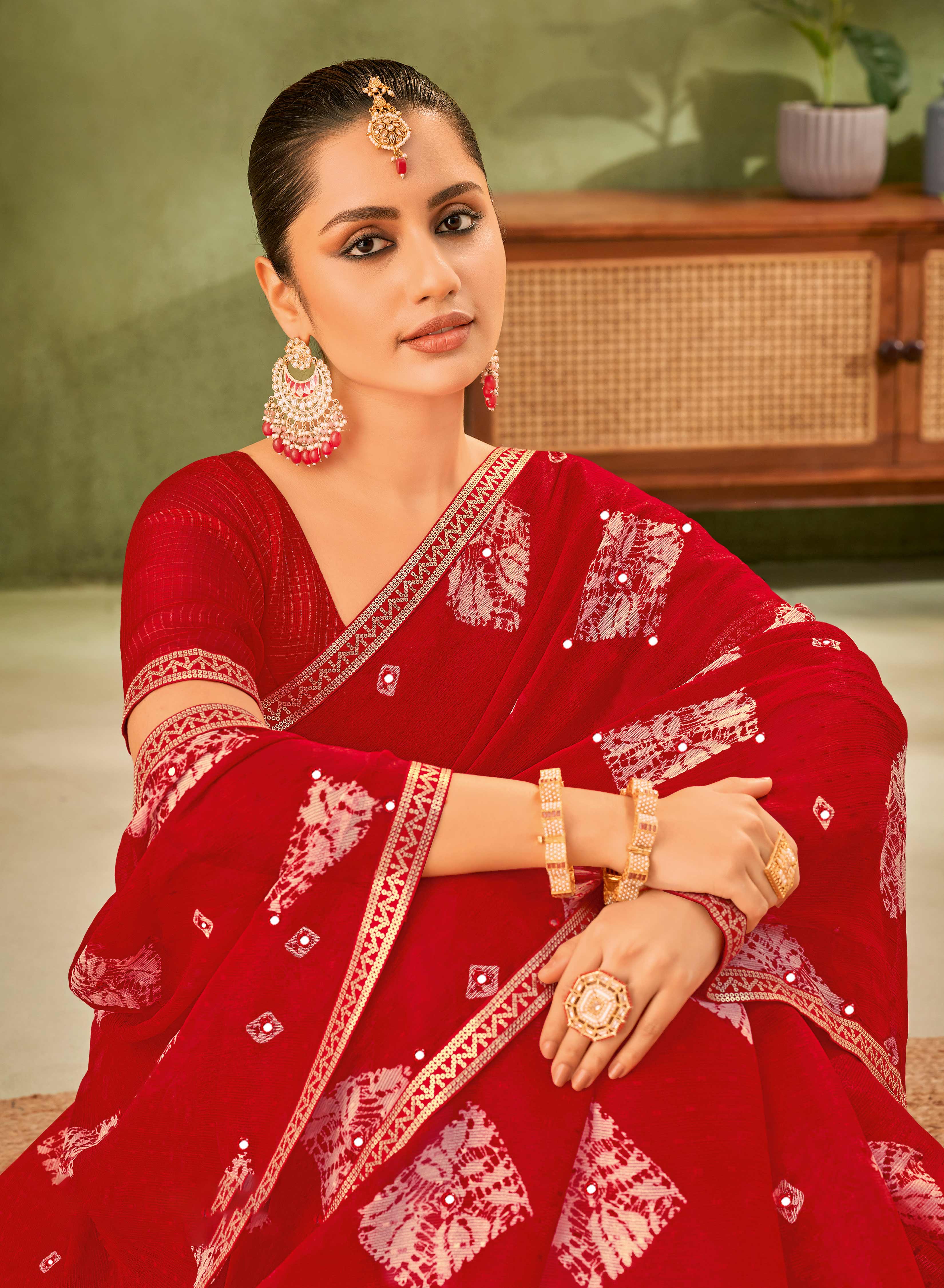 Red Chiffon Saree with Geometric motifs with Sequin Border - Angoor