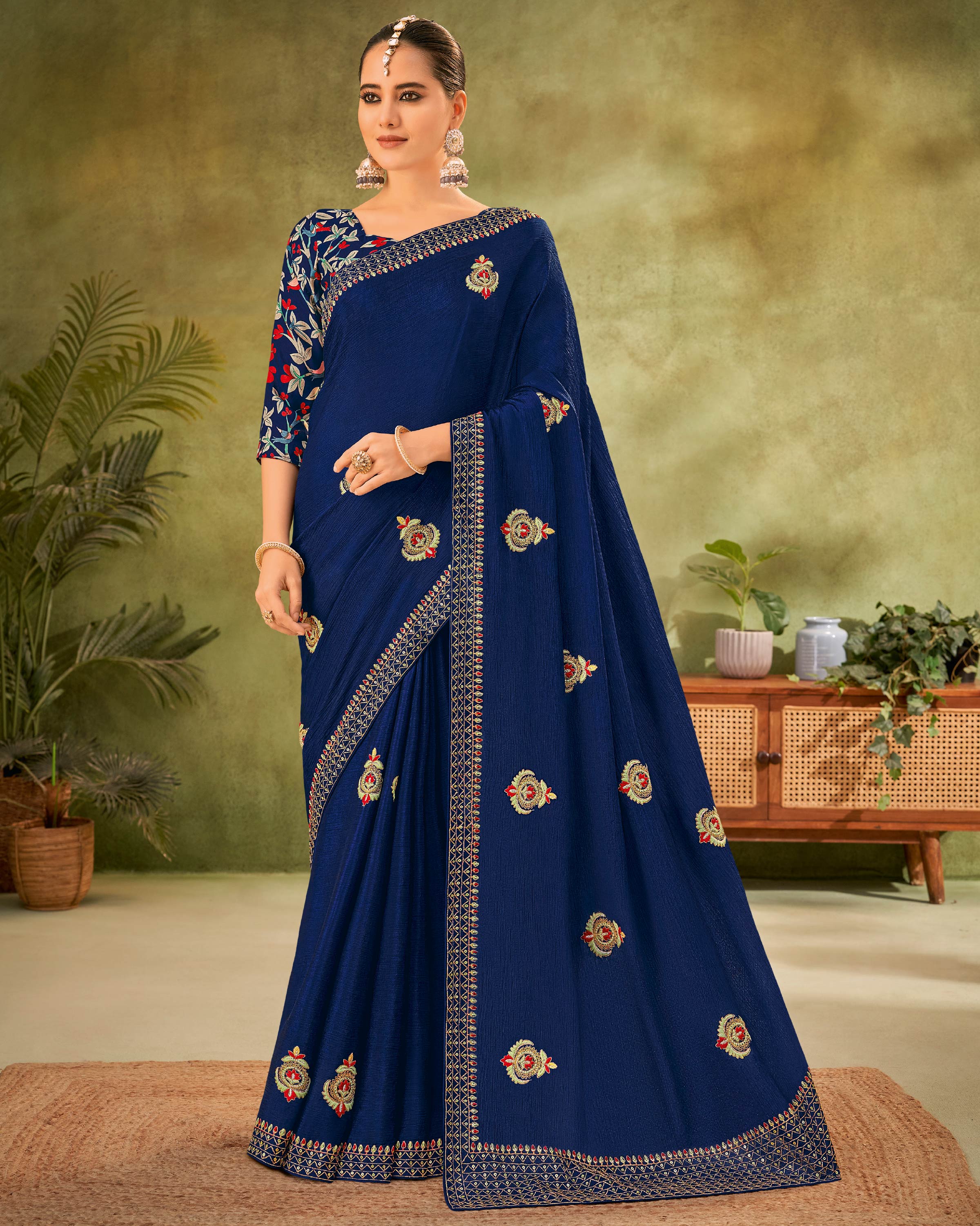 Navy Blue Crepe Silk Saree with Floral Embroidery - Angoor