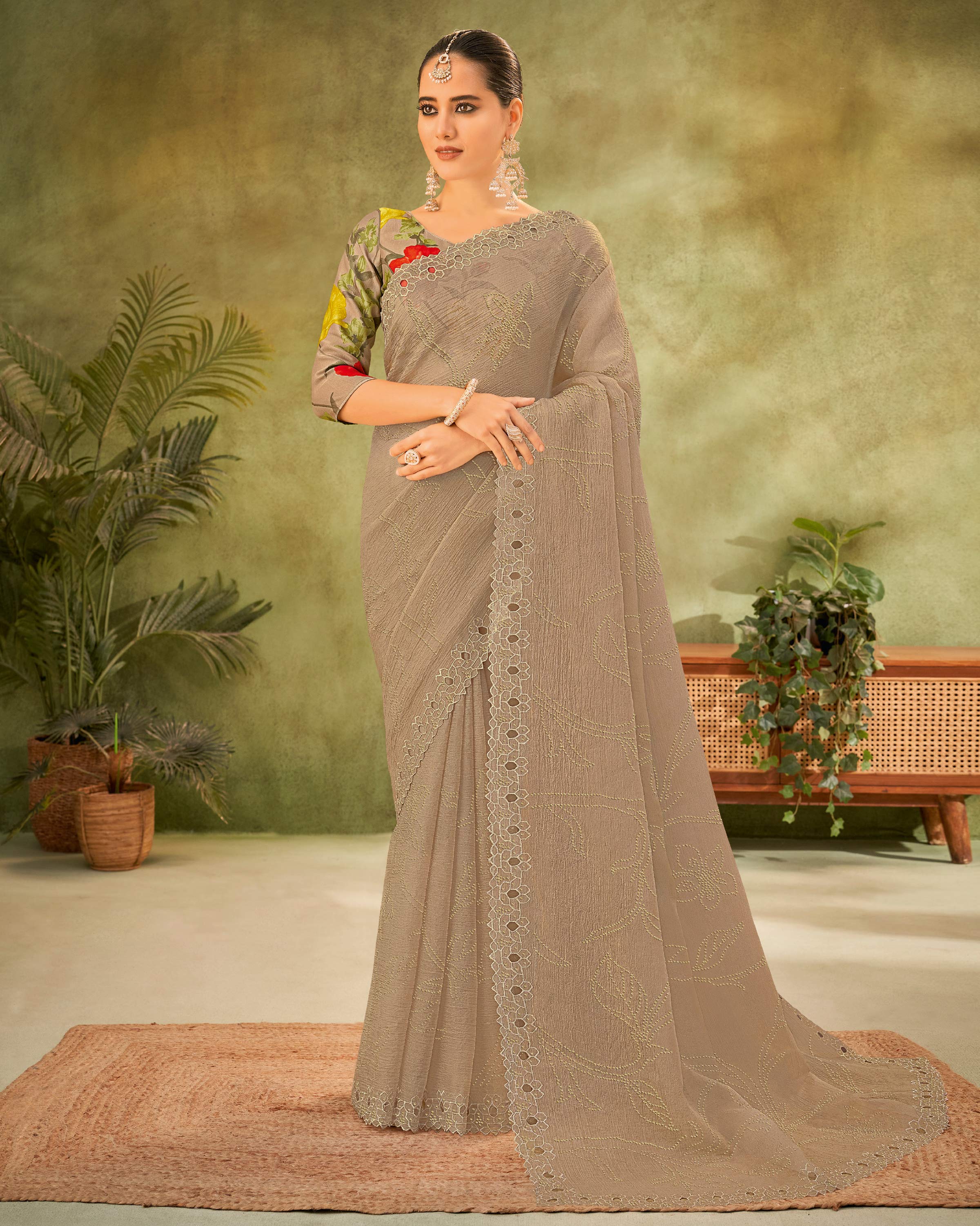 Brown Tissue Organza Saree with Seroski Work - Angoor