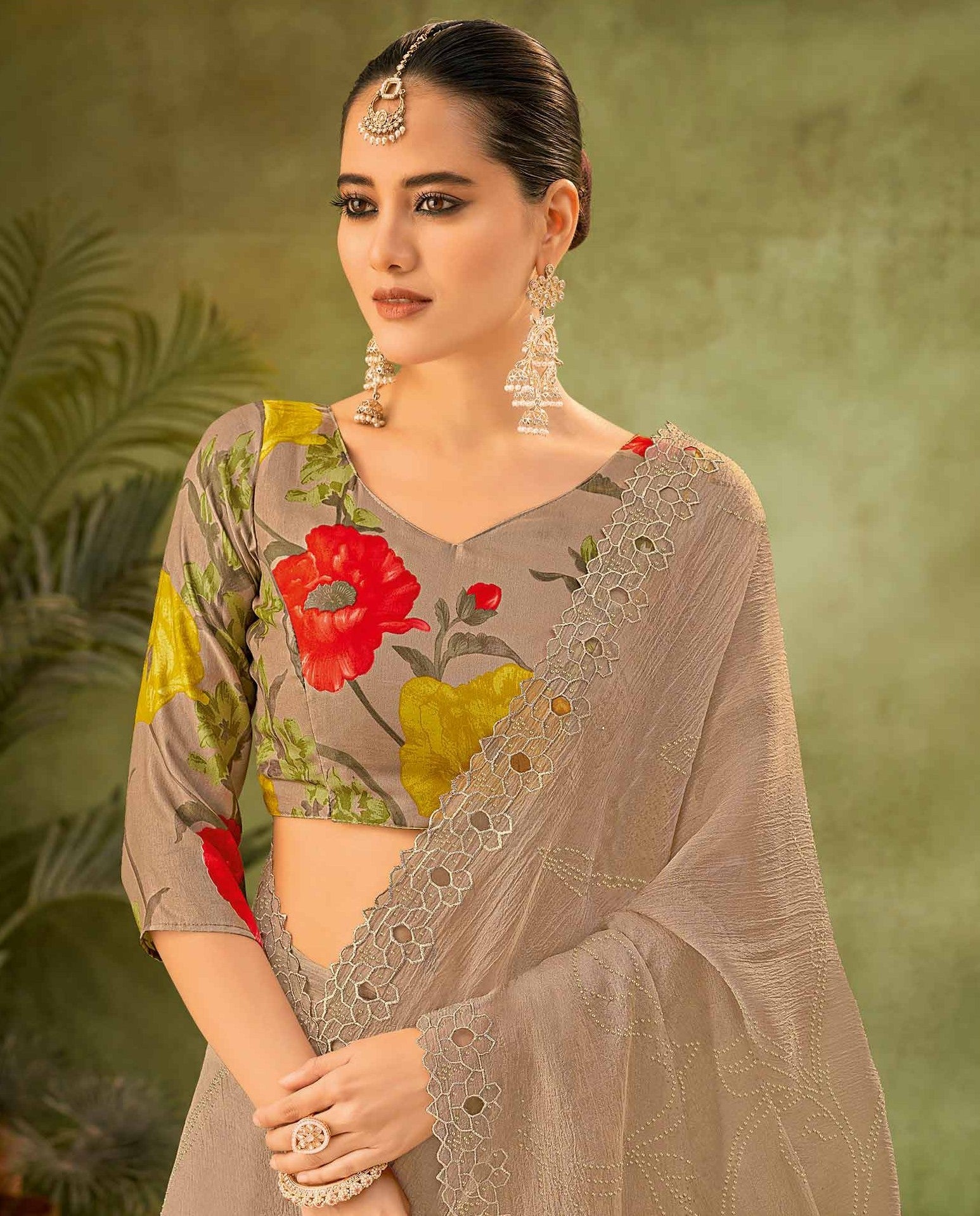 Brown Tissue Organza Saree with Seroski Work - Angoor