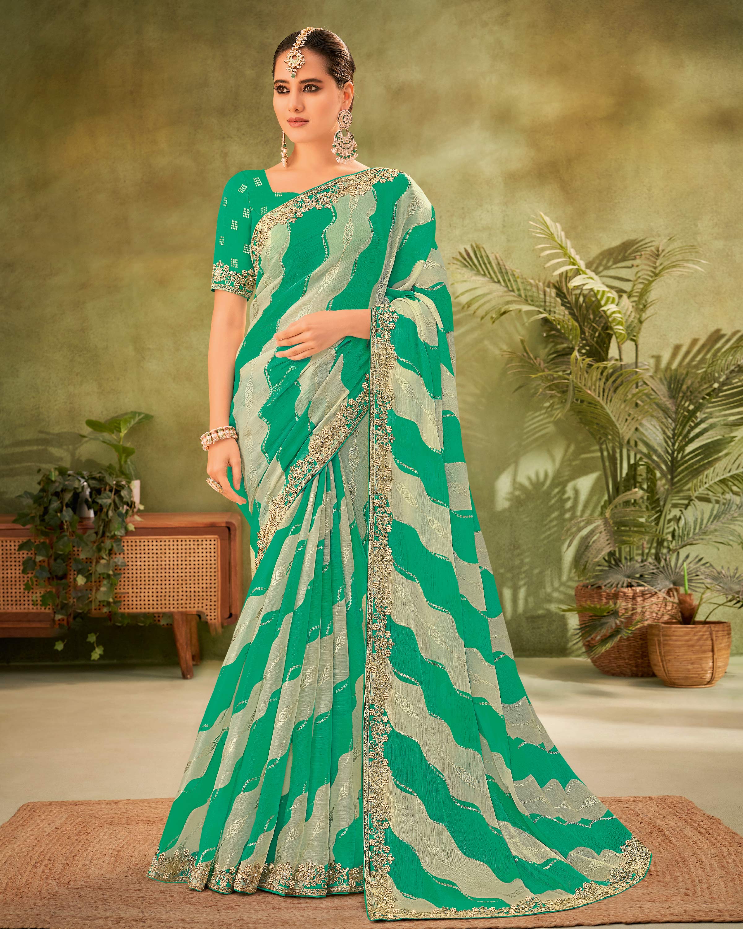 Teal Chiffon Saree with Wavy Stripe & Floral Foil Work - Angoor