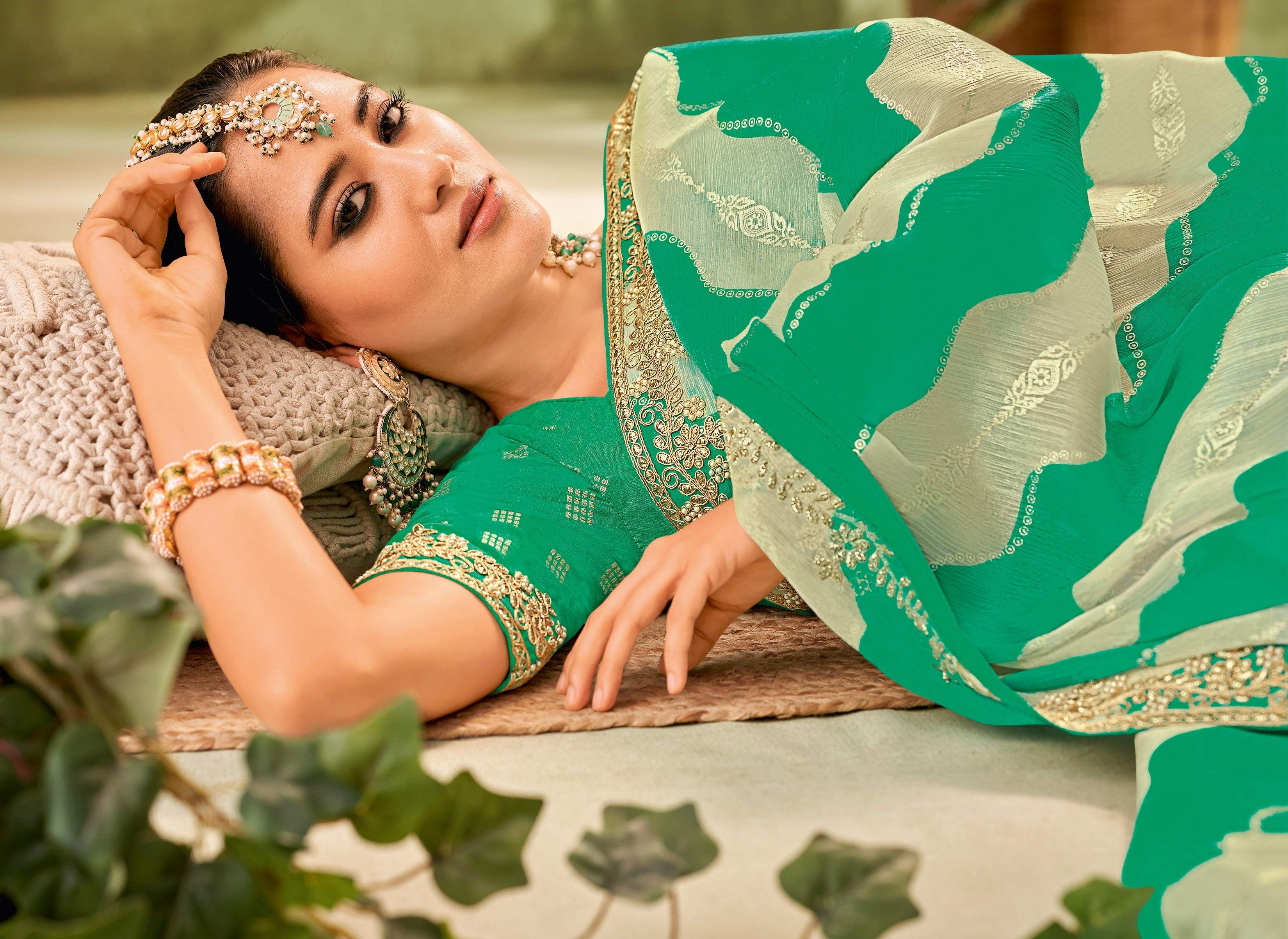 Teal Chiffon Saree with Wavy Stripe & Floral Foil Work - Angoor