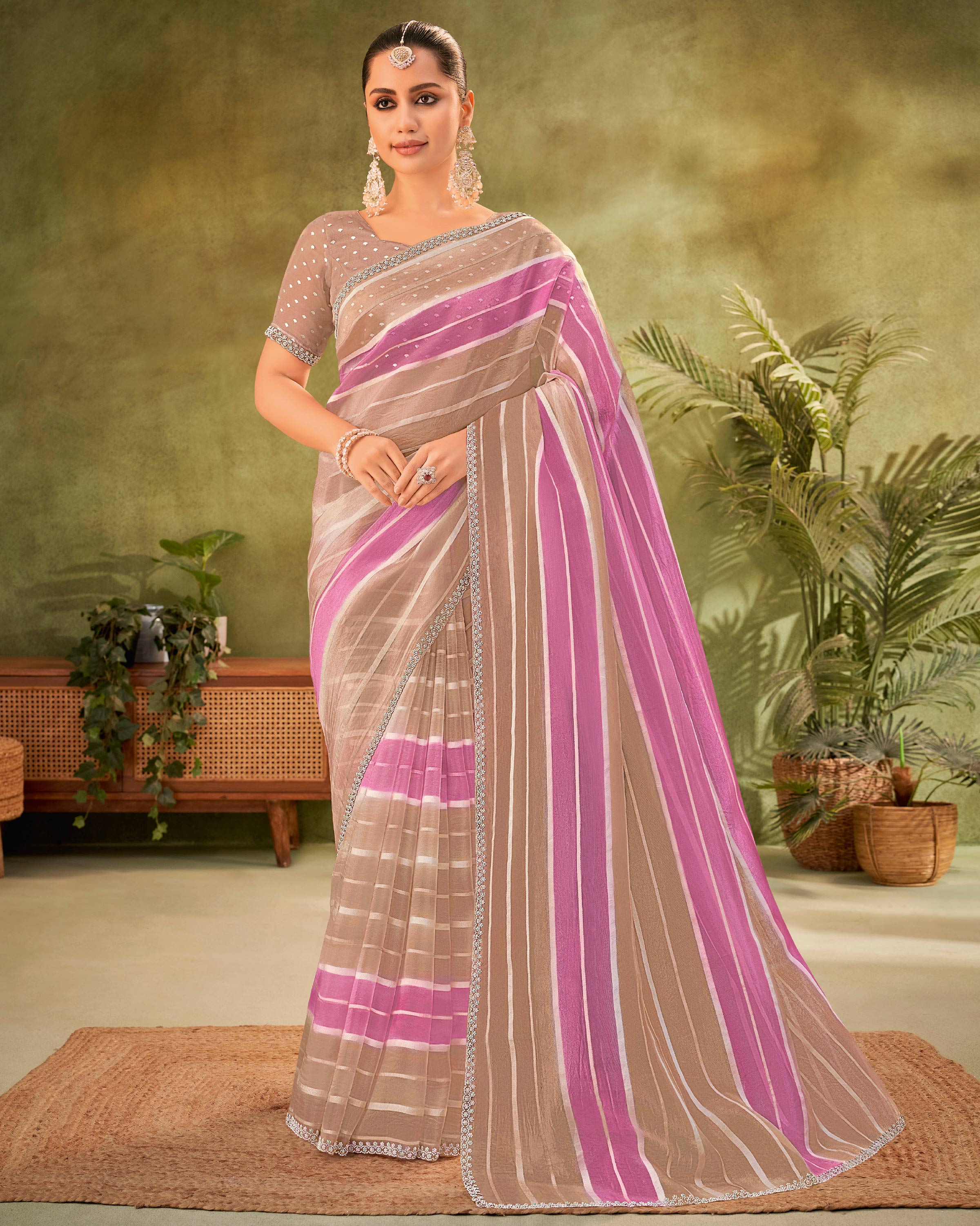 Brown Tissue Organza Saree with Striped Pattern - Angoor