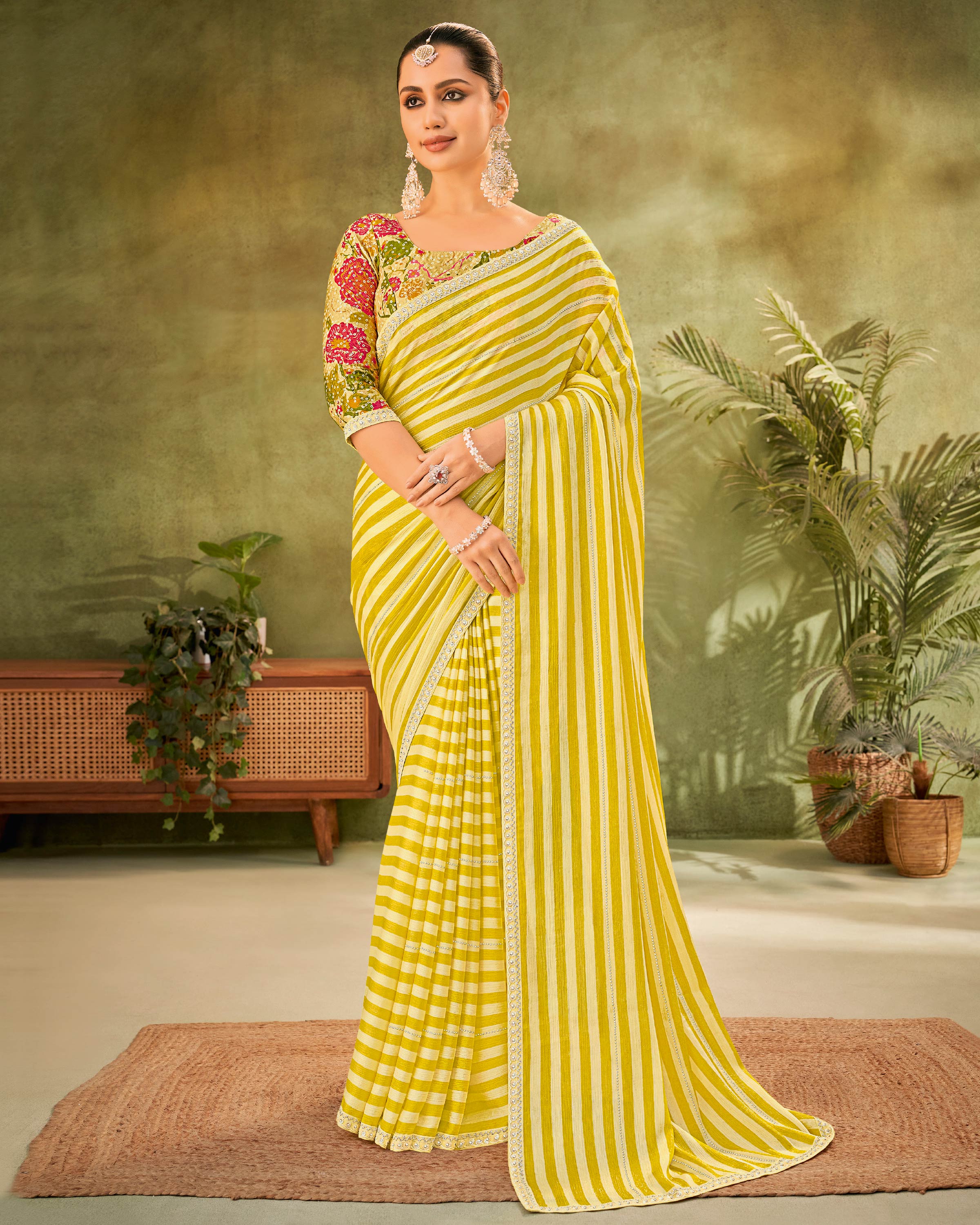 Yellow Striped Chiffon Saree with Sequin Border - Angoor