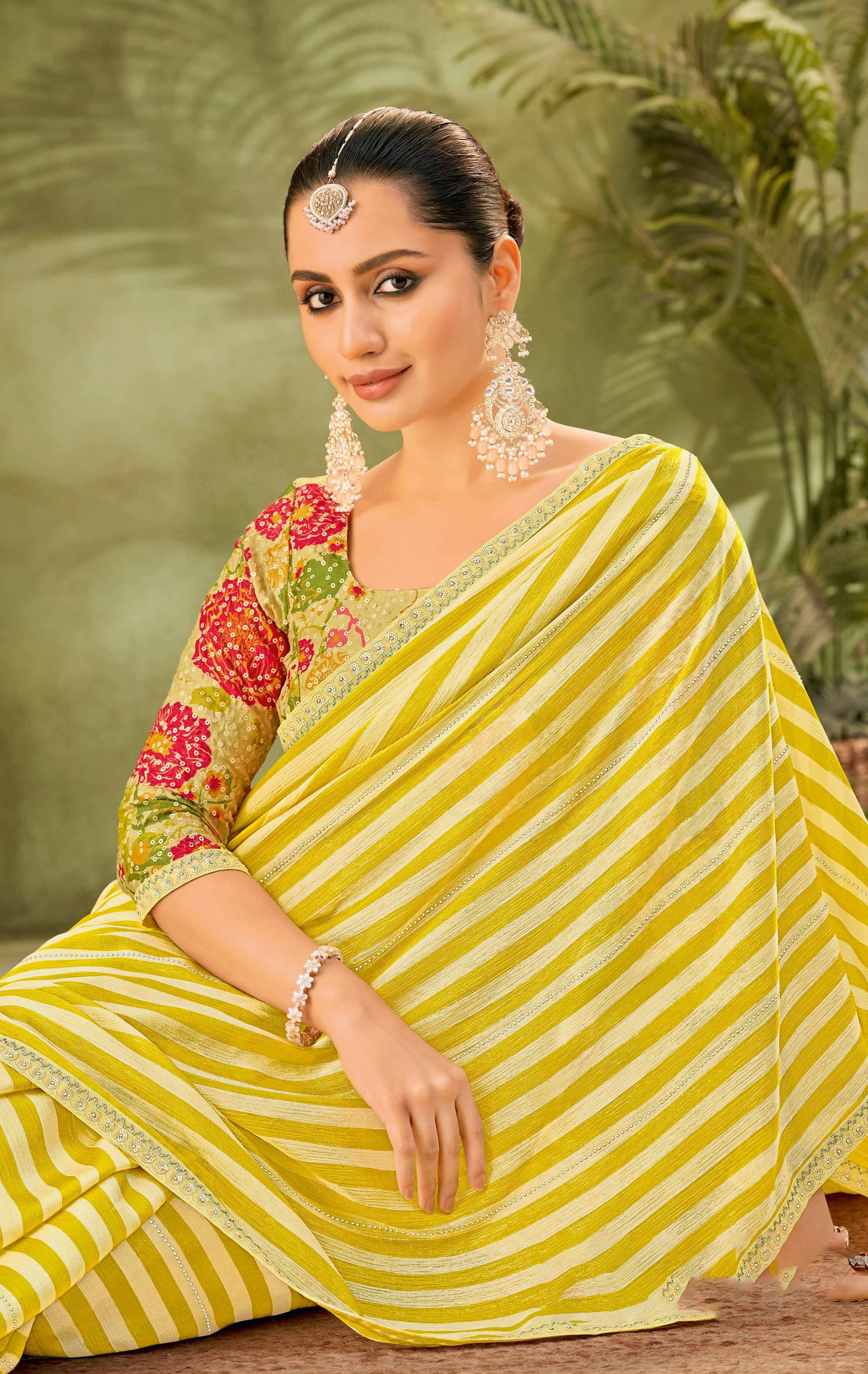 Yellow Striped Chiffon Saree with Sequin Border - Angoor