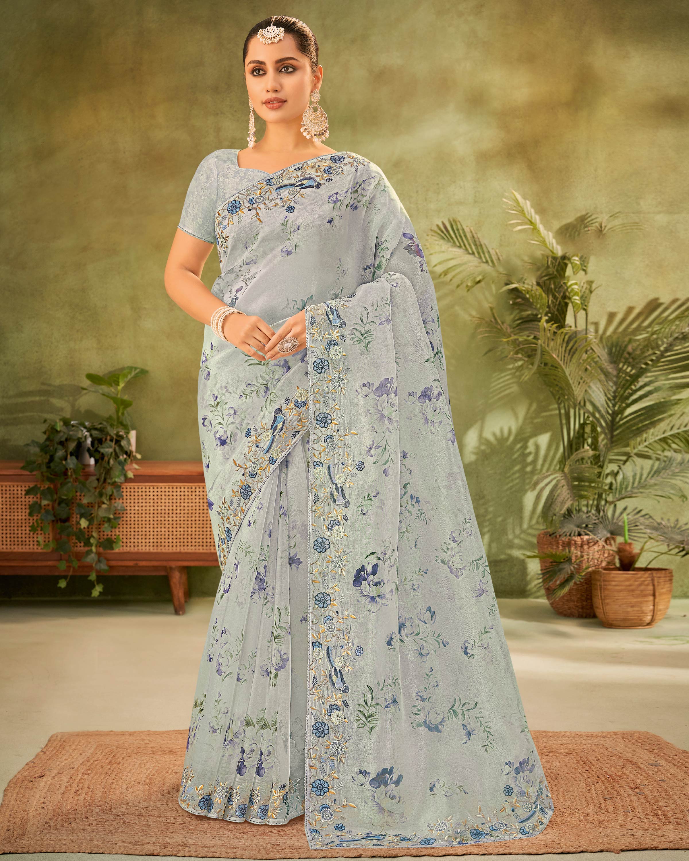 Grey Floral Printed Tissue Organza Saree with Embroidered Border - Angoor