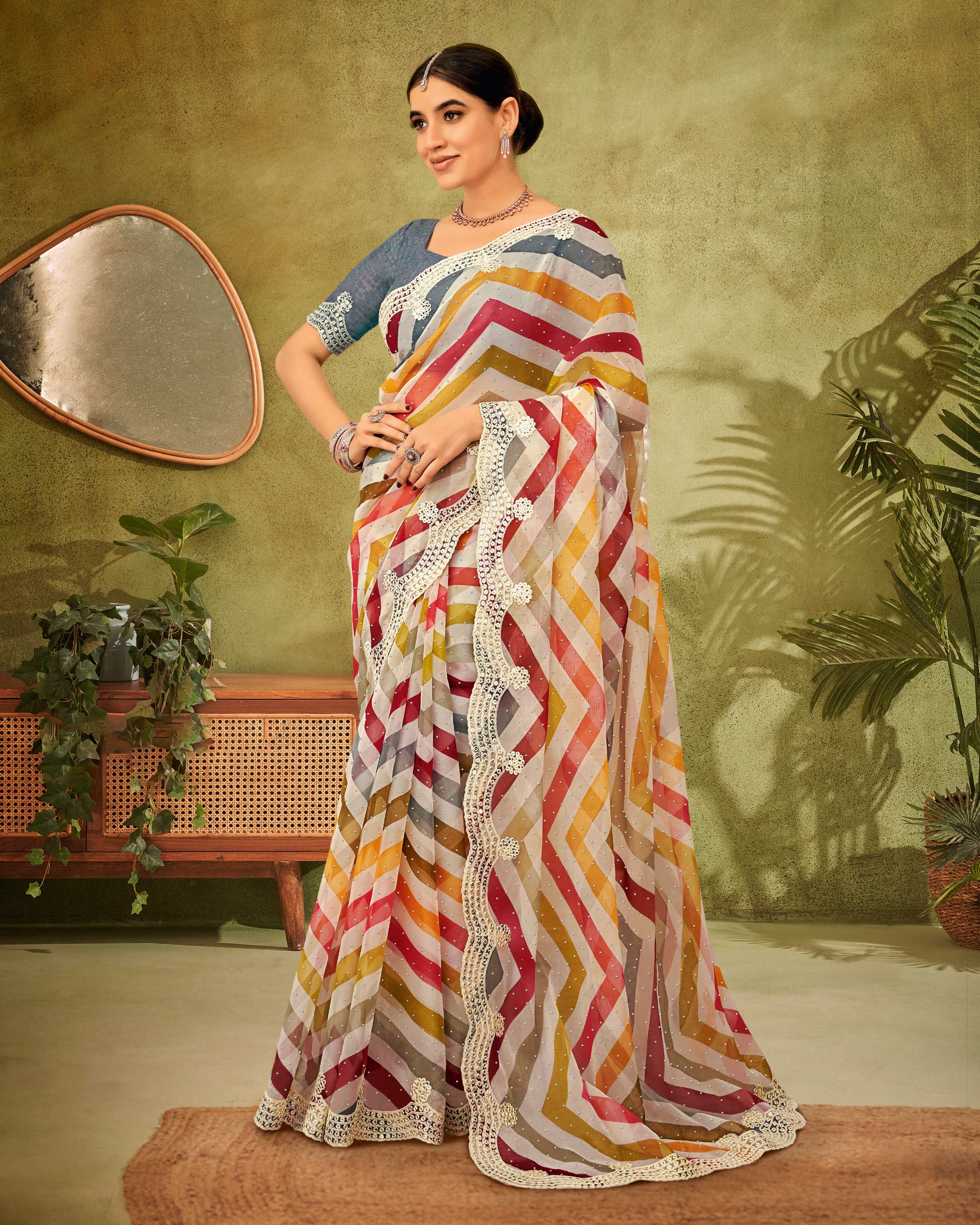 Multicolor Striped Tissue Organza Saree with Embroidered Sequin Border - Angoor