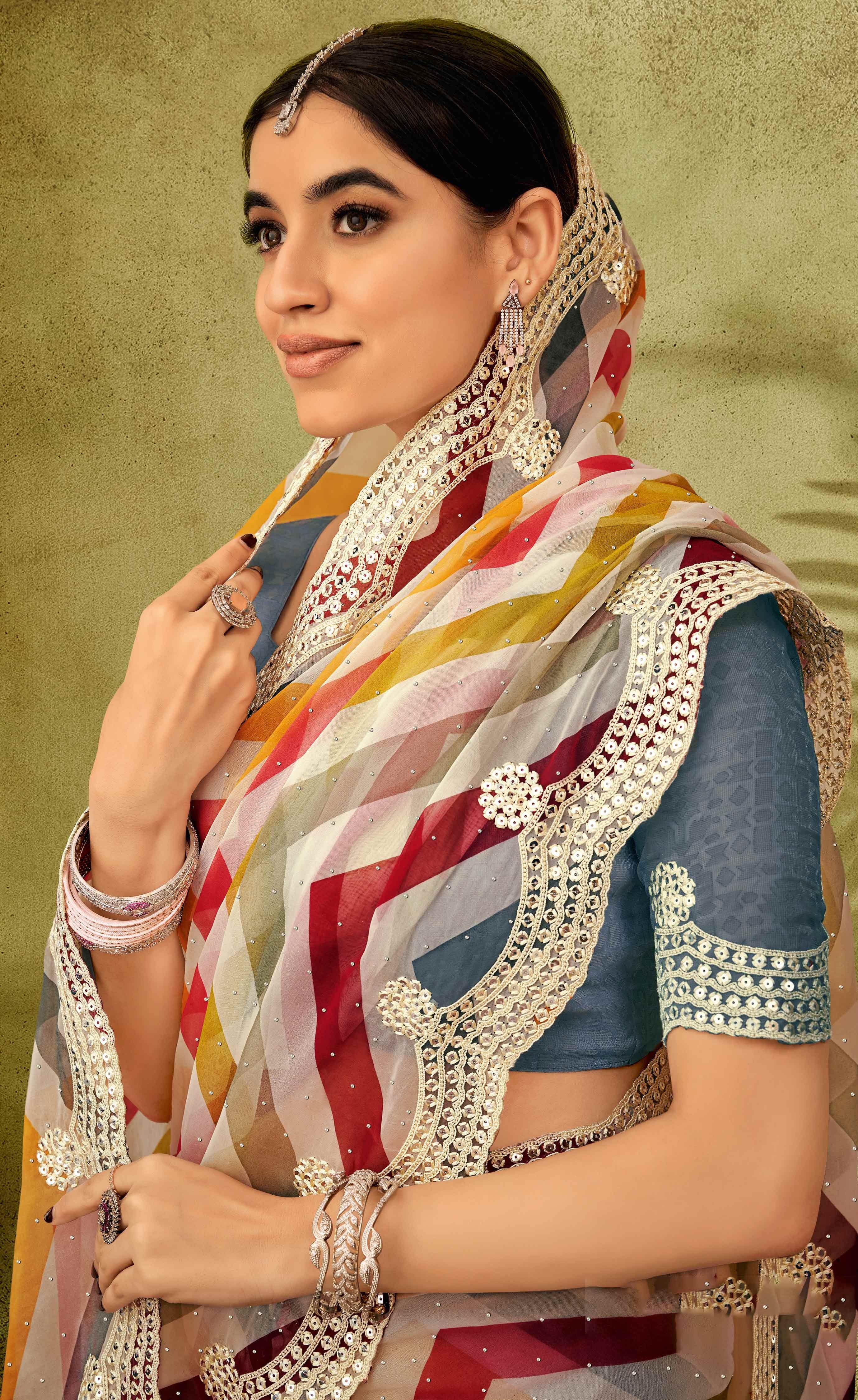 Multicolor Striped Tissue Organza Saree with Embroidered Sequin Border - Angoor