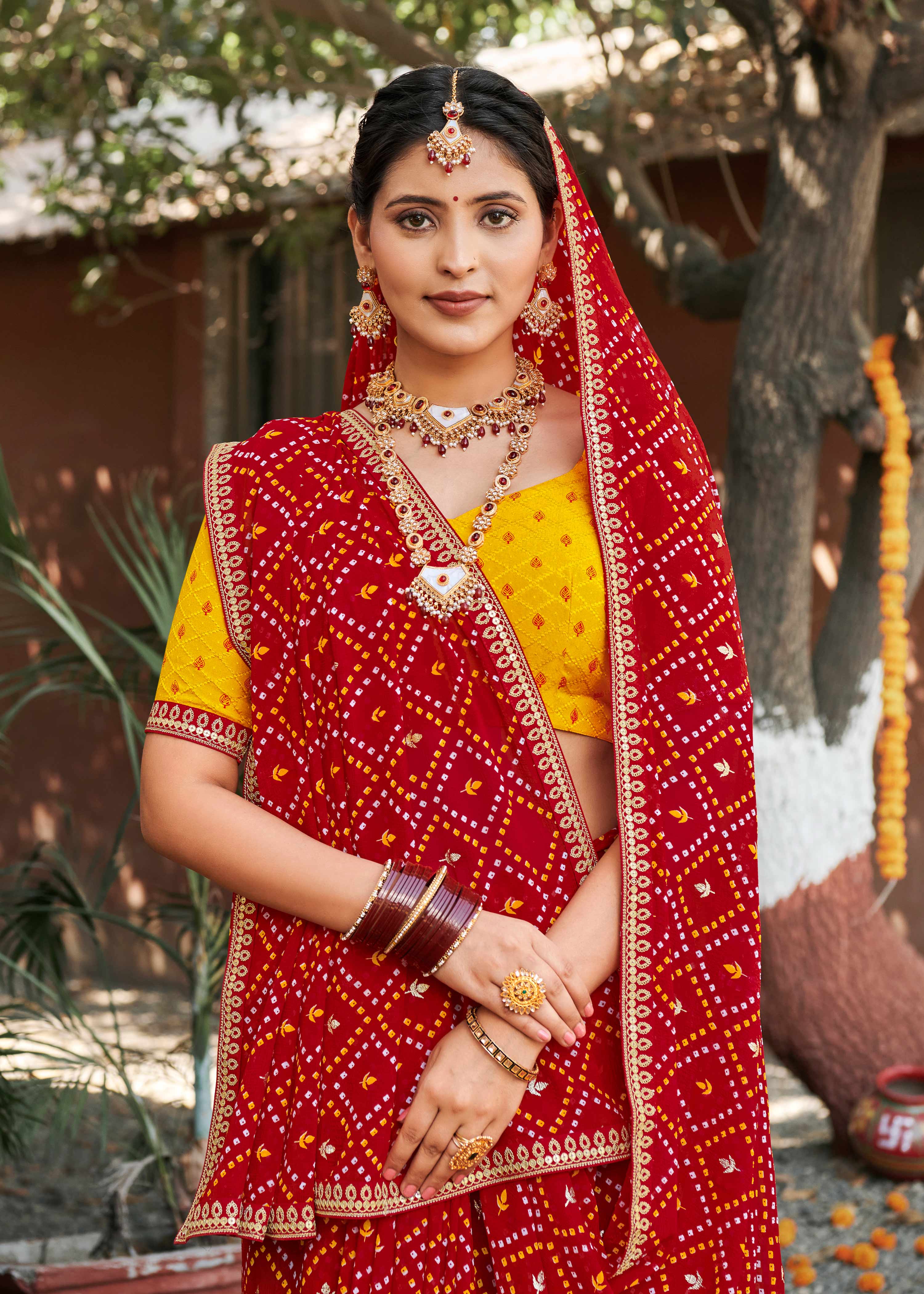 Laxmipati Rajwadi Bandhani Printed Georgette Saree in Red Color with Unstitched Blouse