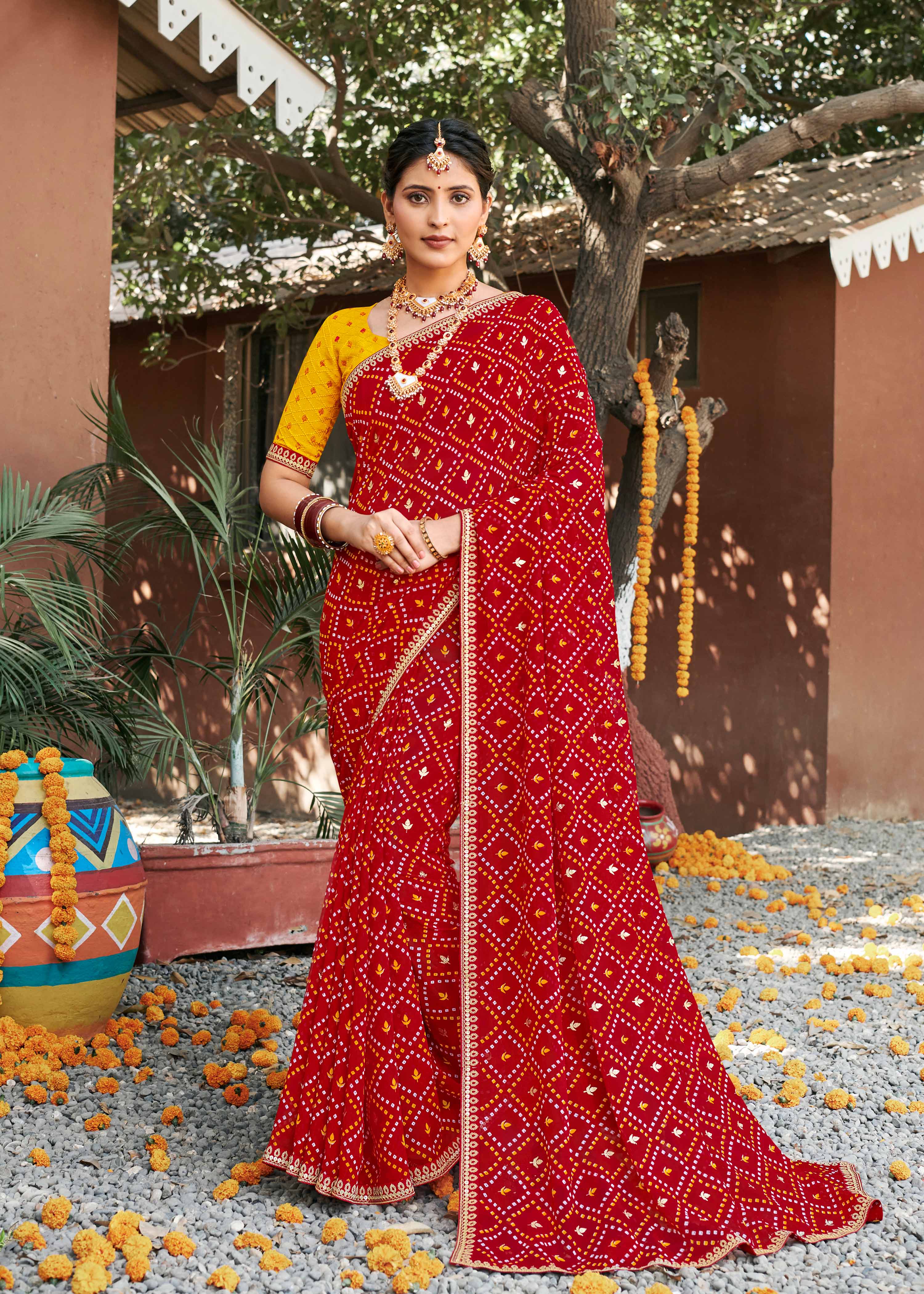 Laxmipati Rajwadi Bandhani Printed Georgette Saree in Red Color with Unstitched Blouse