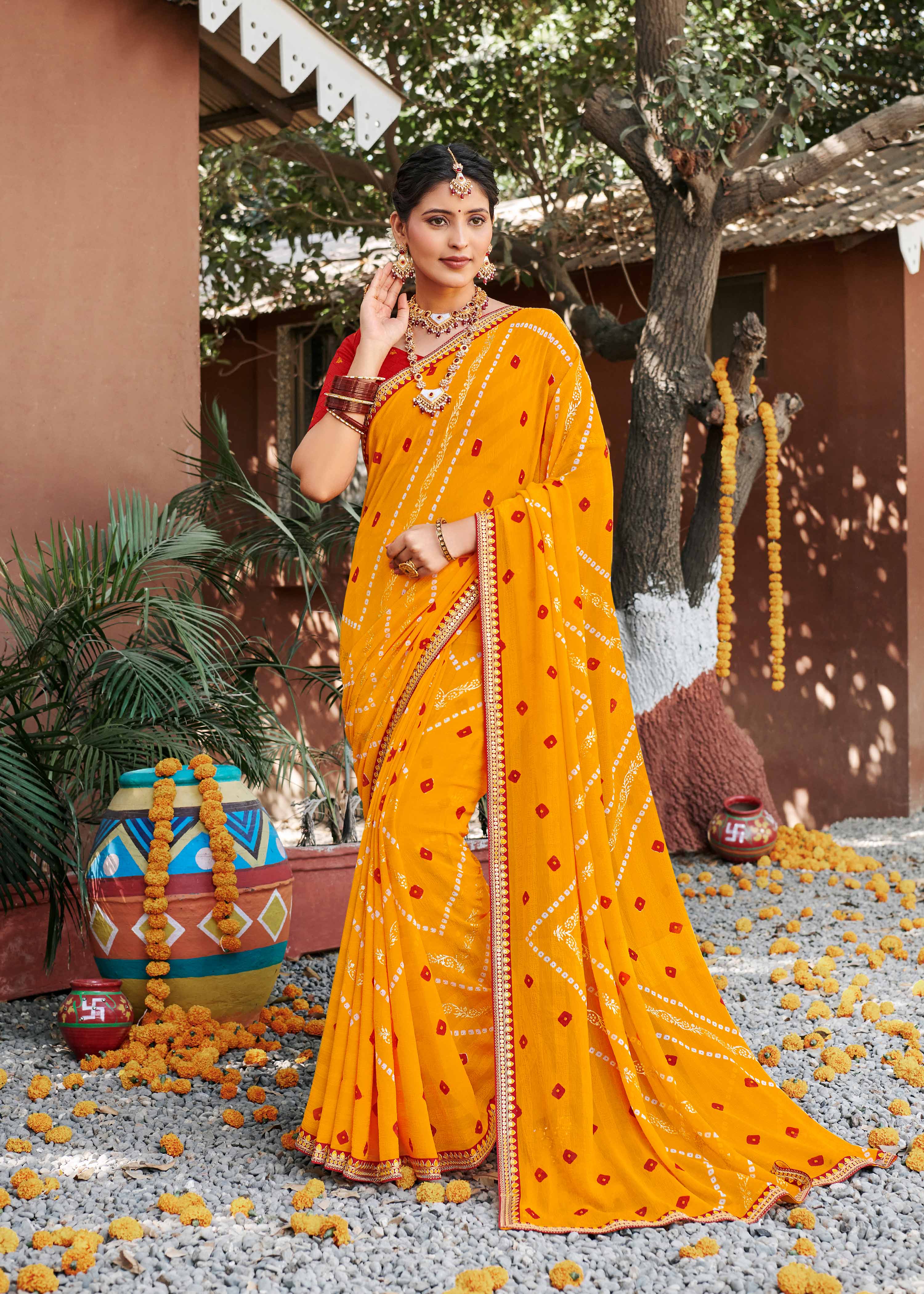 Laxmipati Rajwadi Bandhani Printed Georgette Saree in Orange Color with Unstitched Blouse