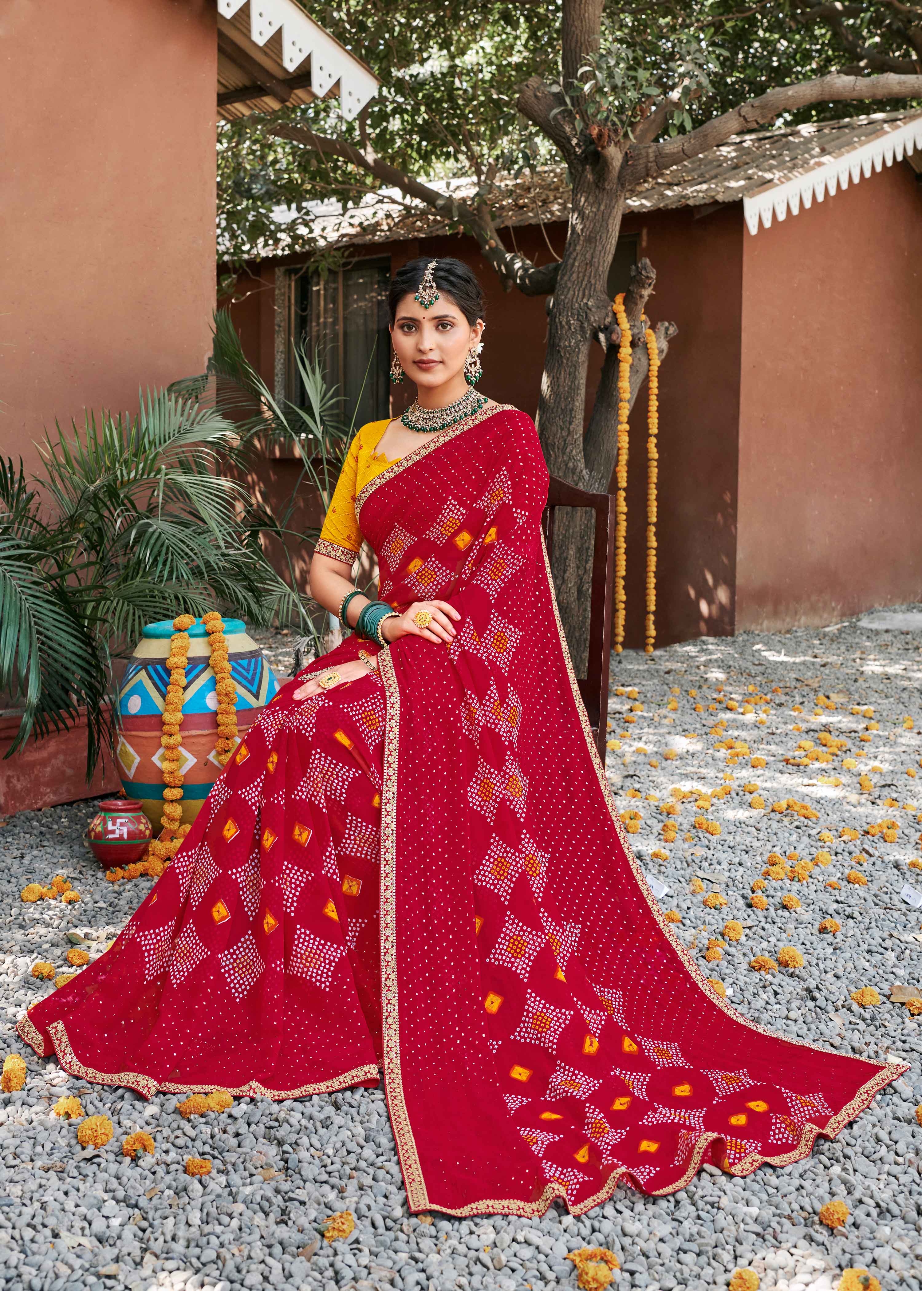 Laxmipati Rajwadi Bandhani Printed Georgette Saree in Red Color with Unstitched Blouse