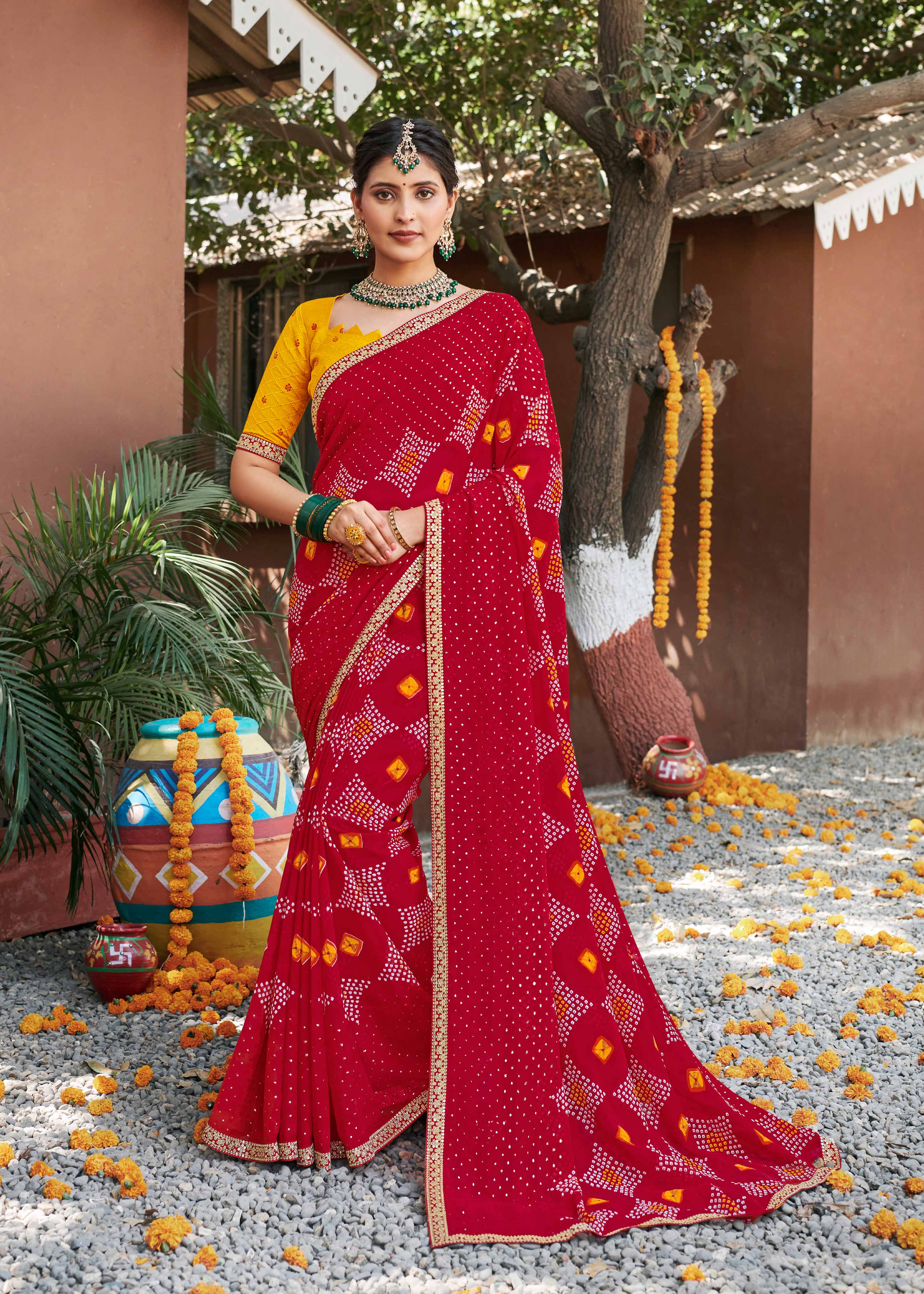 Laxmipati Rajwadi Bandhani Printed Georgette Saree in Red Color with Unstitched Blouse