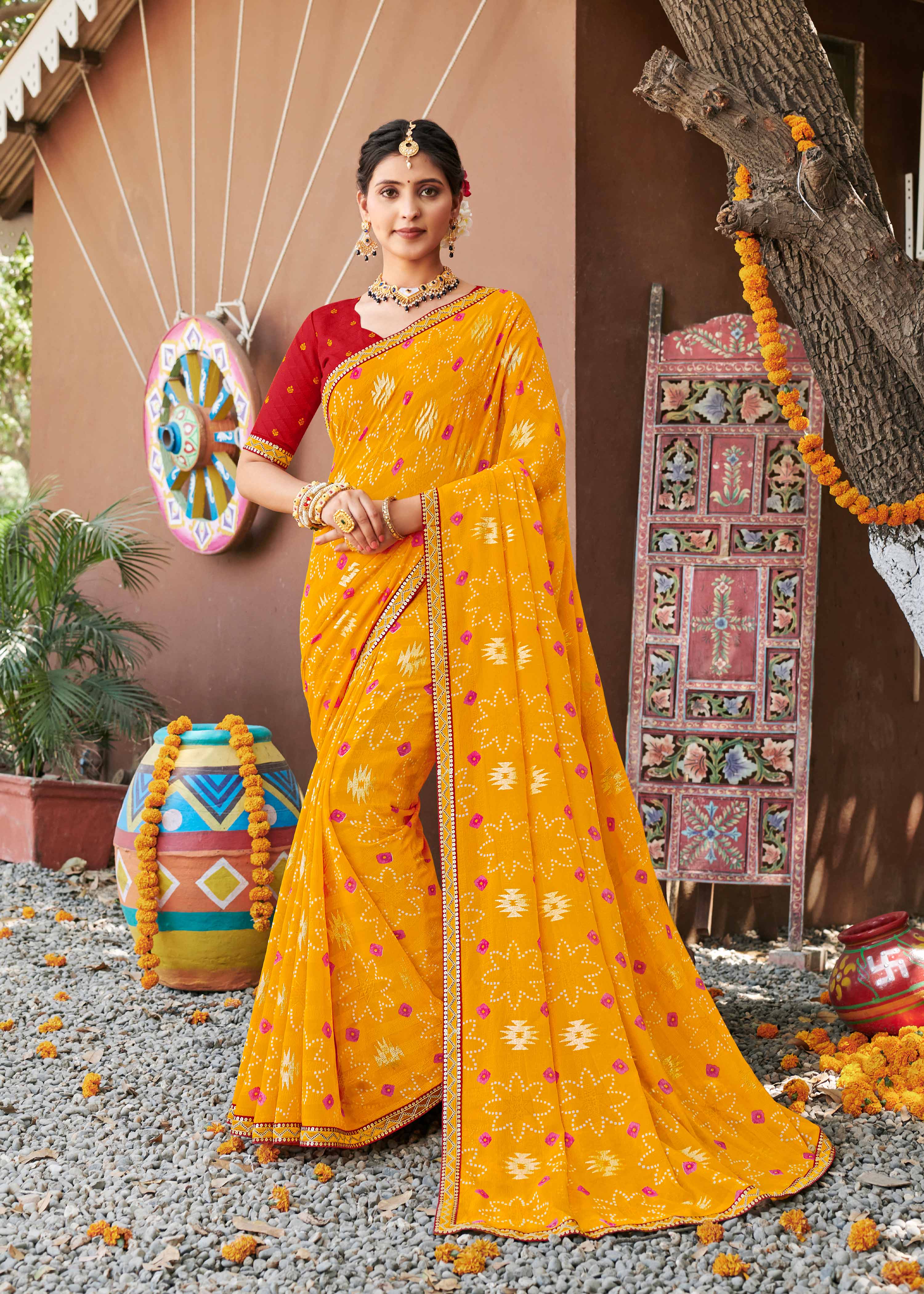Laxmipati Rajwadi Bandhani Printed Georgette Saree in Orange Color with Unstitched Blouse