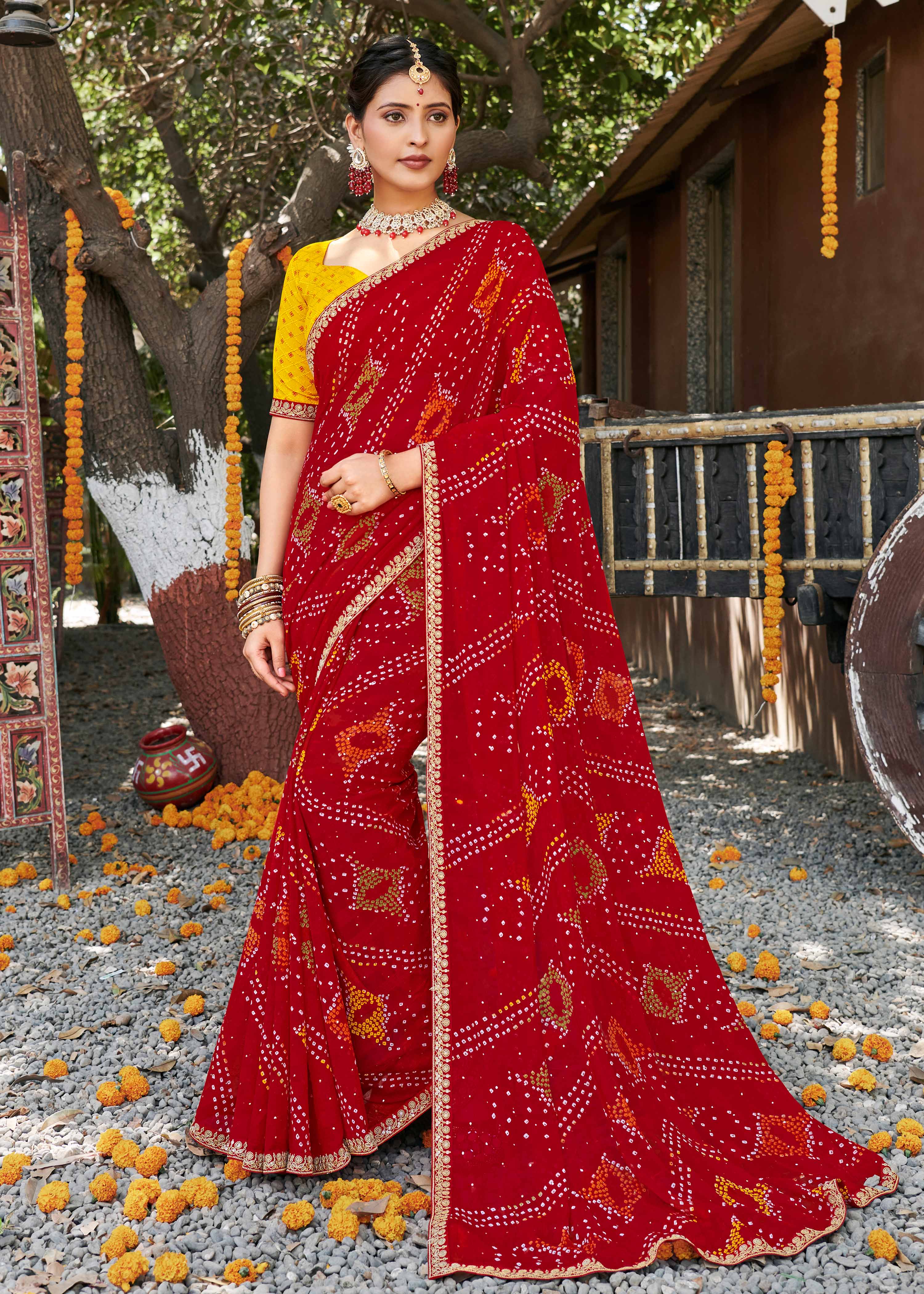 Laxmipati Rajwadi Bandhani Printed Georgette Saree in Red Color with Unstitched Blouse