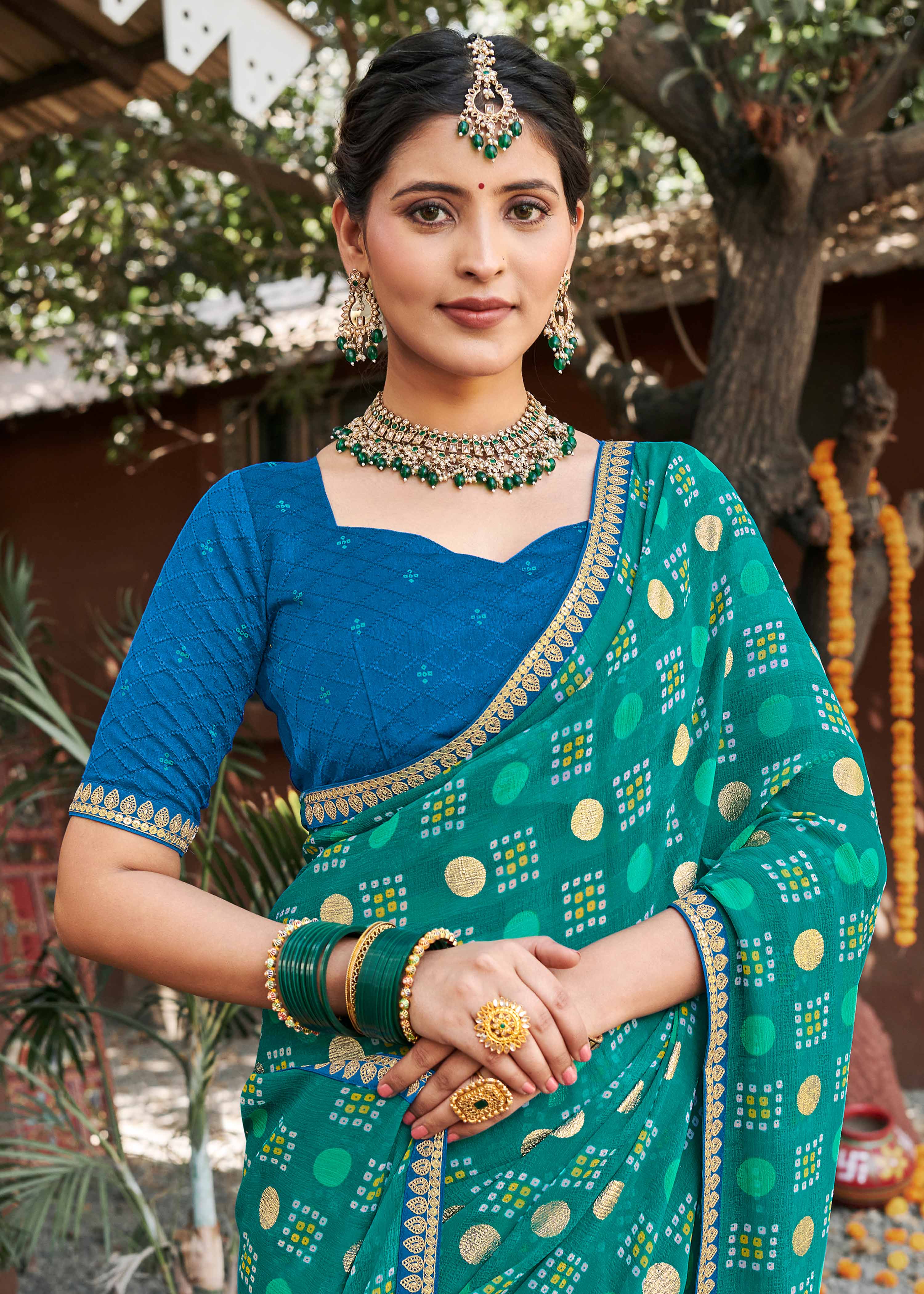 Laxmipati Rajwadi Bandhani Printed Georgette Saree in Turquoise Blue Color with Unstitched Blouse