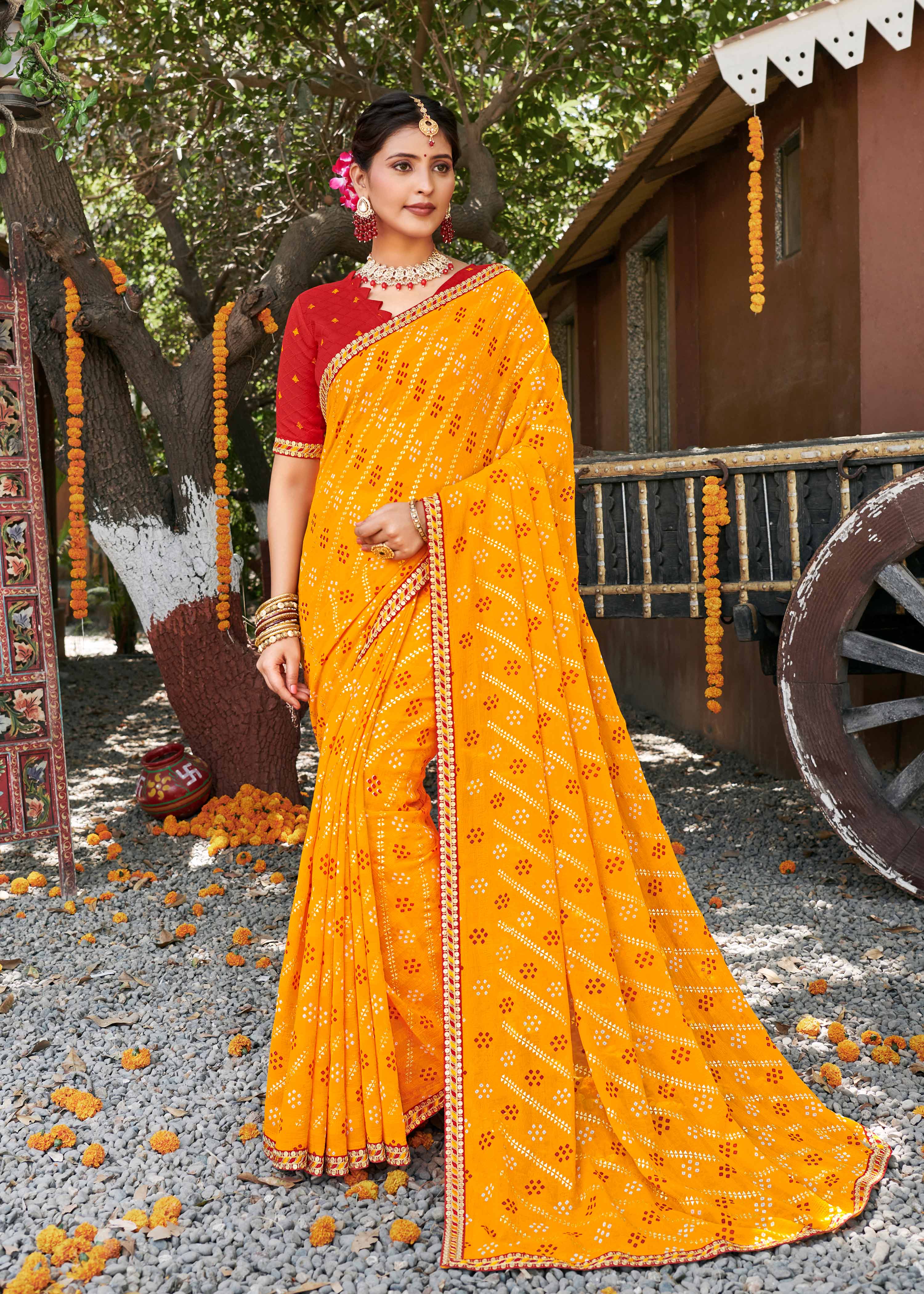 Laxmipati Rajwadi Bandhani Printed Georgette Saree in Orange Color with Unstitched Blouse