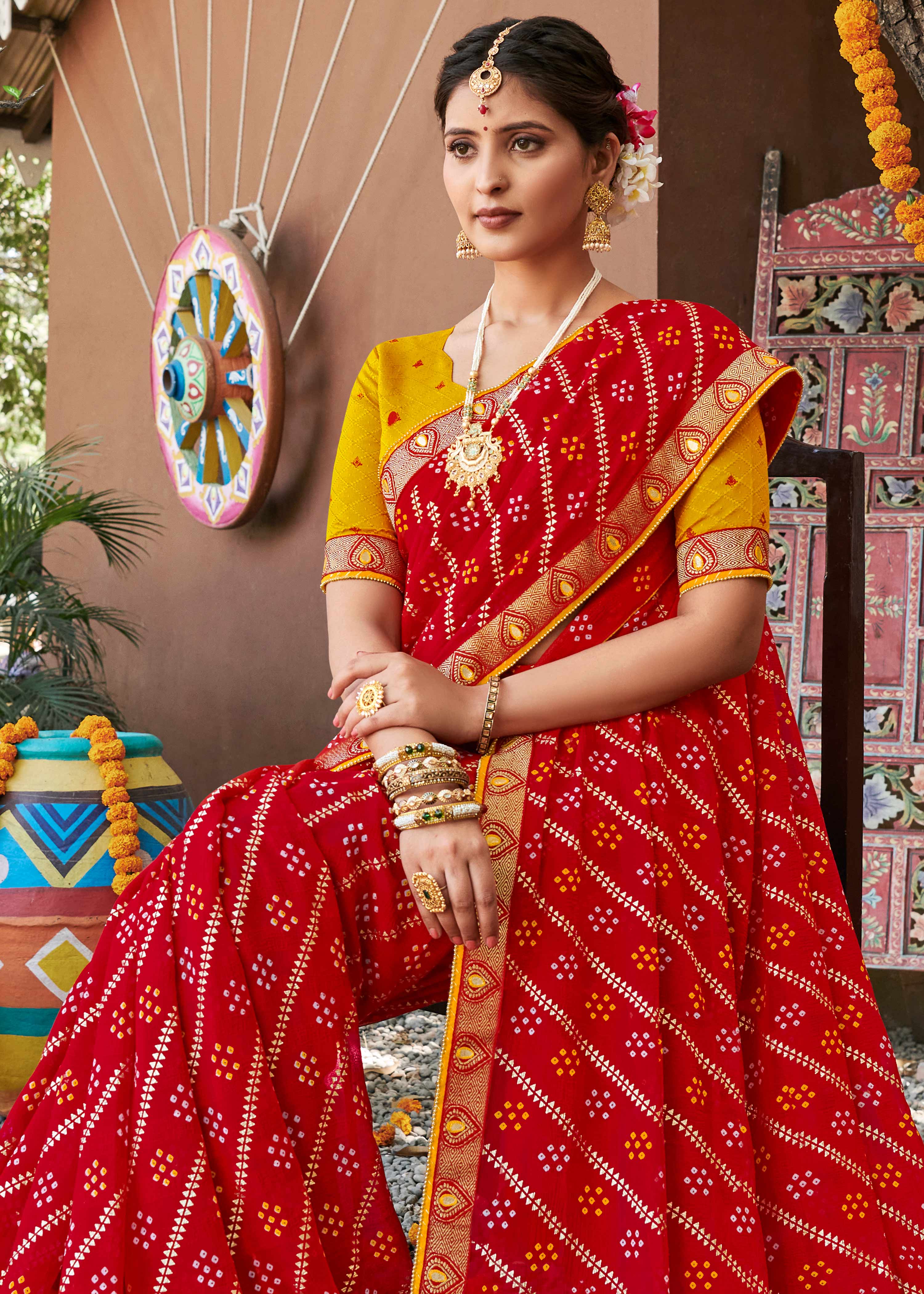 Laxmipati Rajwadi Bandhani Printed Georgette Saree in Red Color with Unstitched Blouse