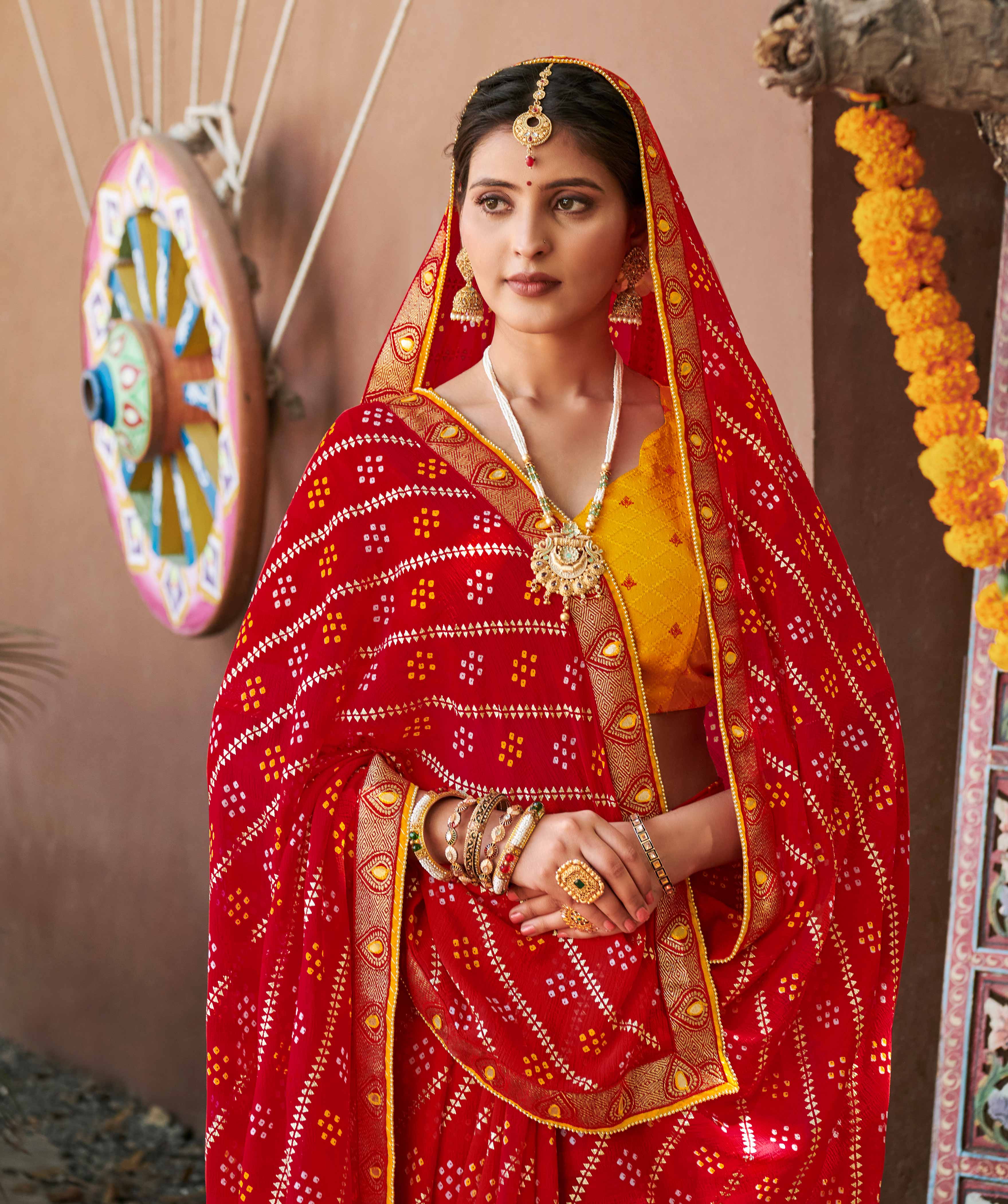 Laxmipati Rajwadi Bandhani Printed Georgette Saree in Red Color with Unstitched Blouse