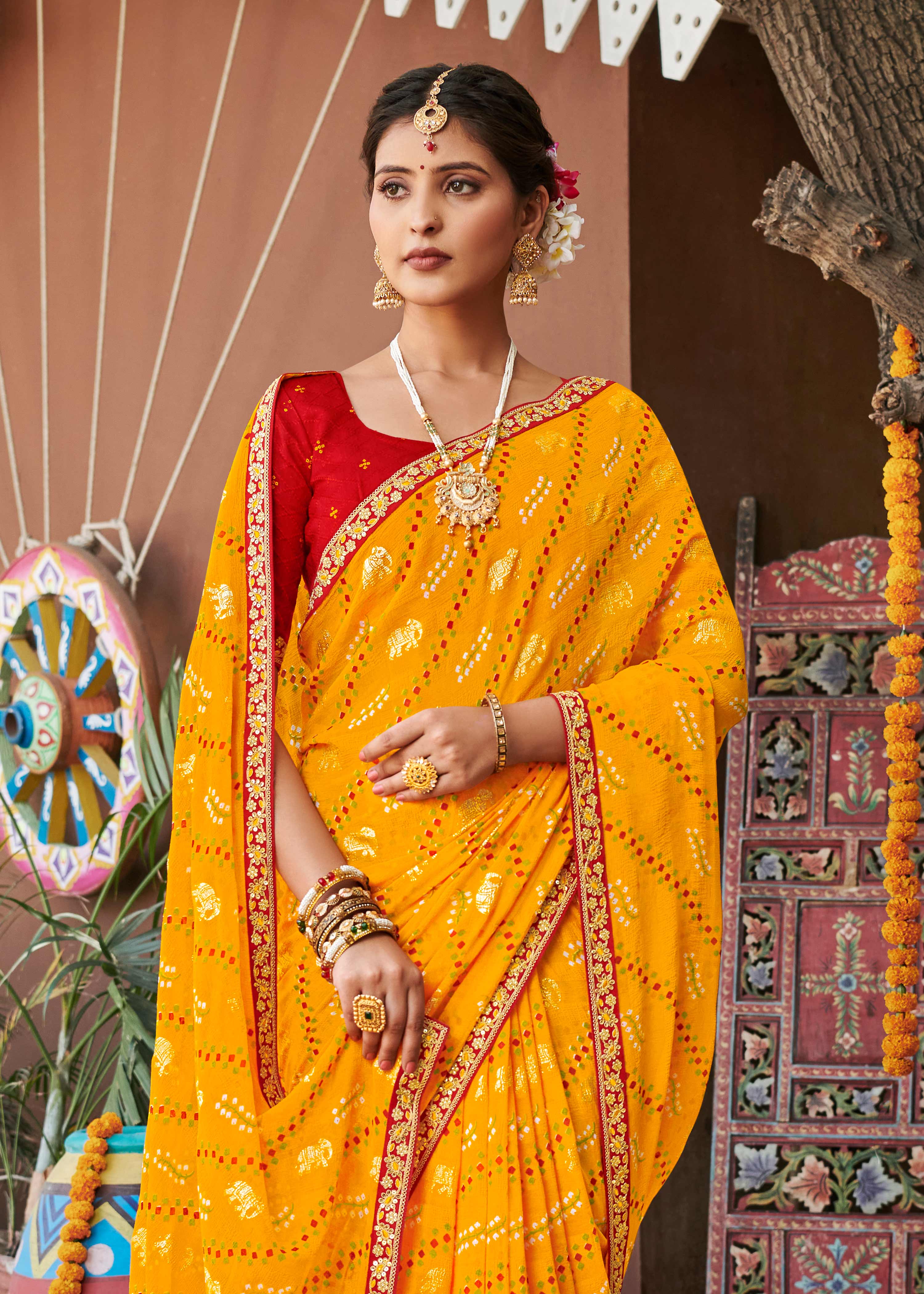 Laxmipati Rajwadi Bandhani Printed Georgette Saree in Orange Color with Unstitched Blouse