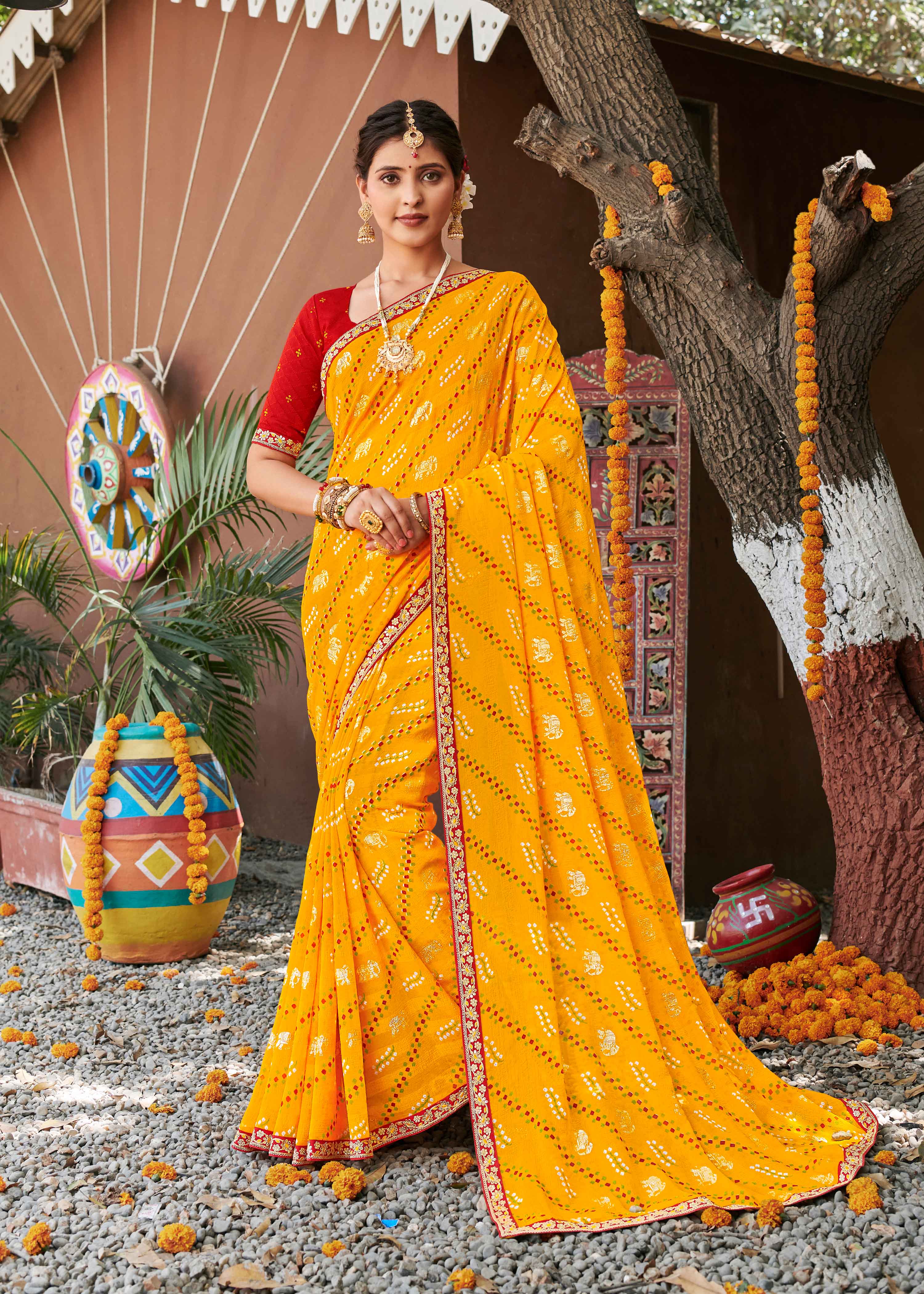 Laxmipati Rajwadi Bandhani Printed Georgette Saree in Orange Color with Unstitched Blouse