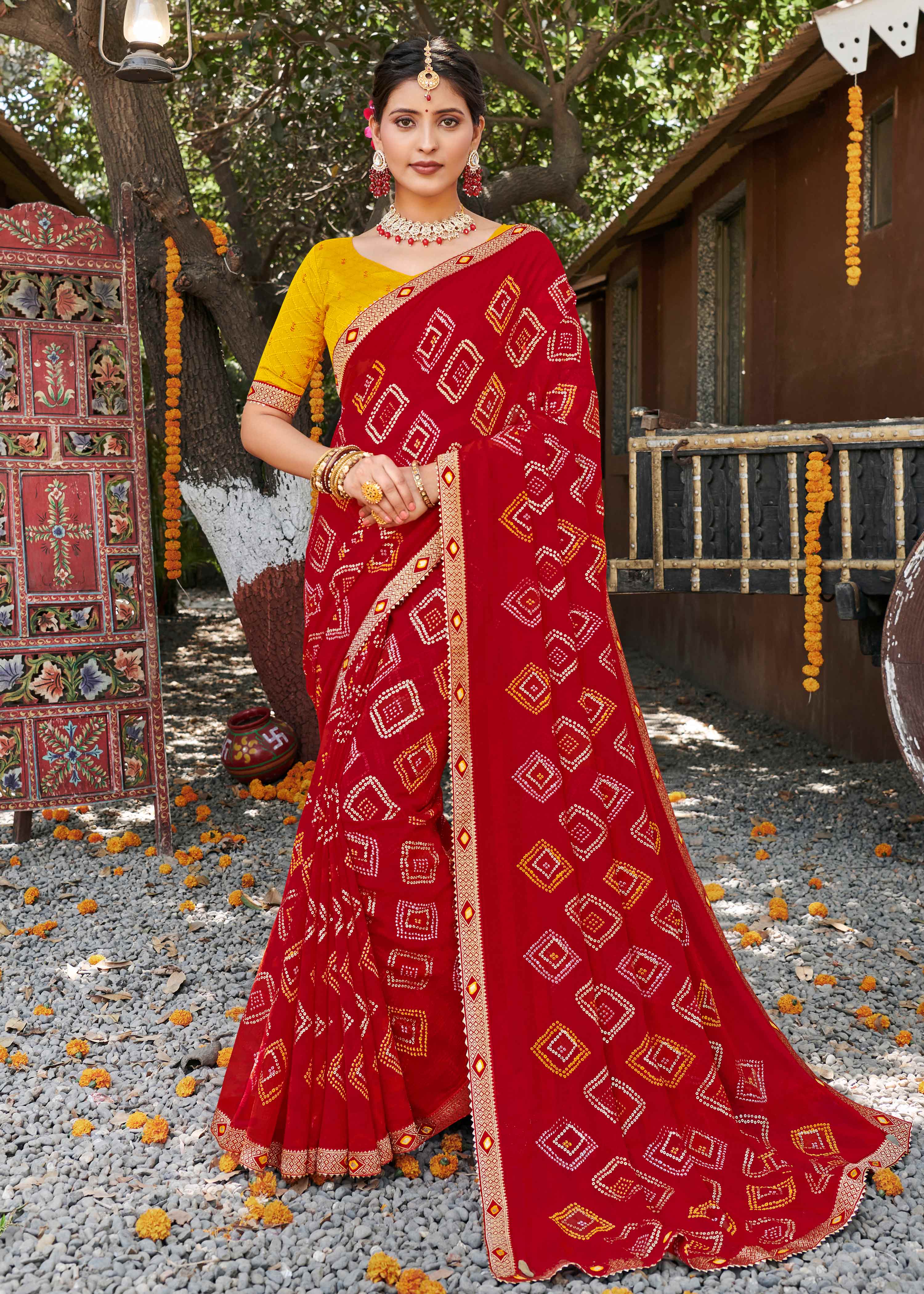 Laxmipati Rajwadi Bandhani Printed Georgette Saree in Red Color with Unstitched Blouse