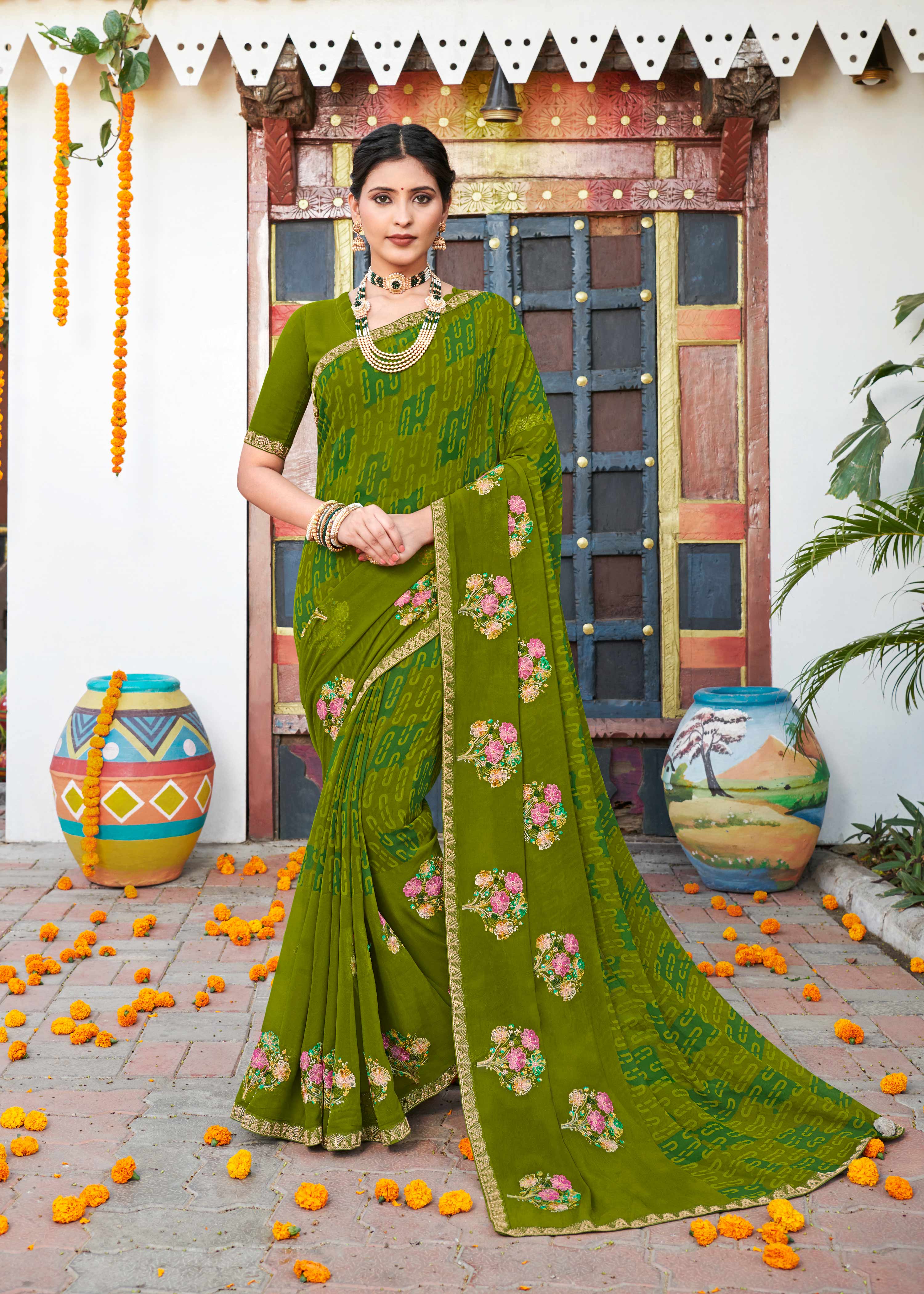 Laxmipati Chanchal Embellished Floral Embroidered Georgette Saree in Olive Green Color with Unstitched Blouse