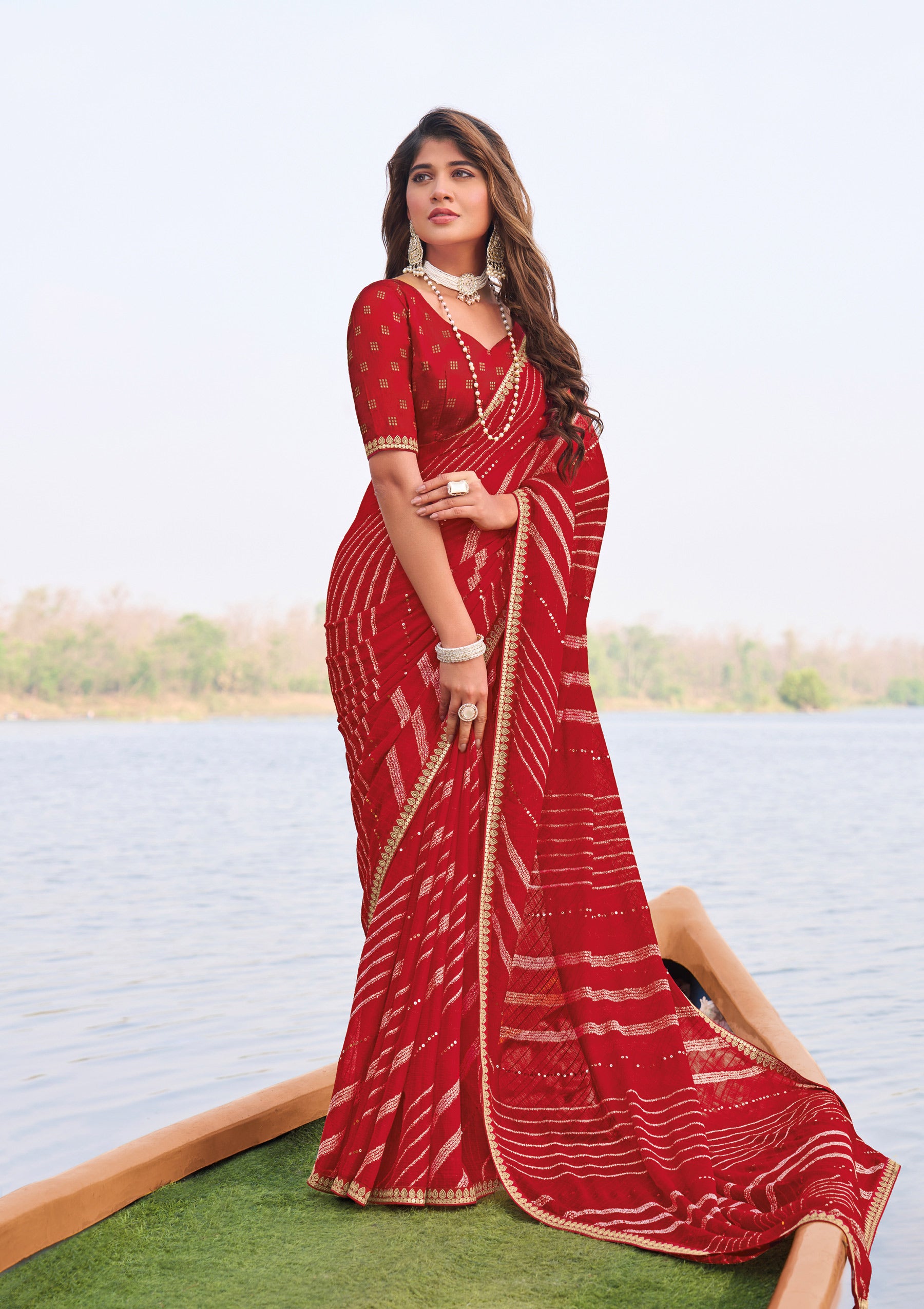 Laxmipati Madhubala Striped Printed Chiffon Saree in Red Color with Unstitched Blouse