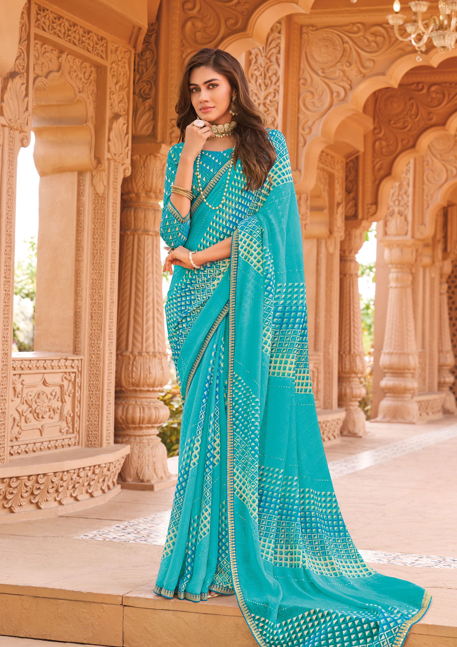 Laxmipati Madhubala Geometric Printed Chiffon Saree in Blue Color with Unstitched Blouse