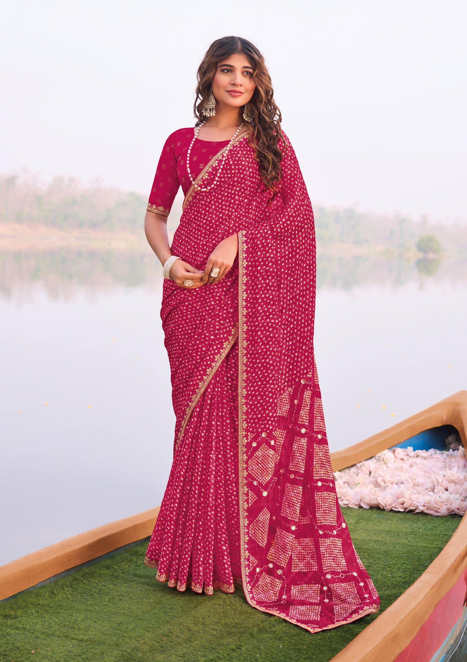 Ready to Wear Laxmipati Madhubala Bandhani Printed Chiffon Saree in Pink Color with Unstitched Blouse