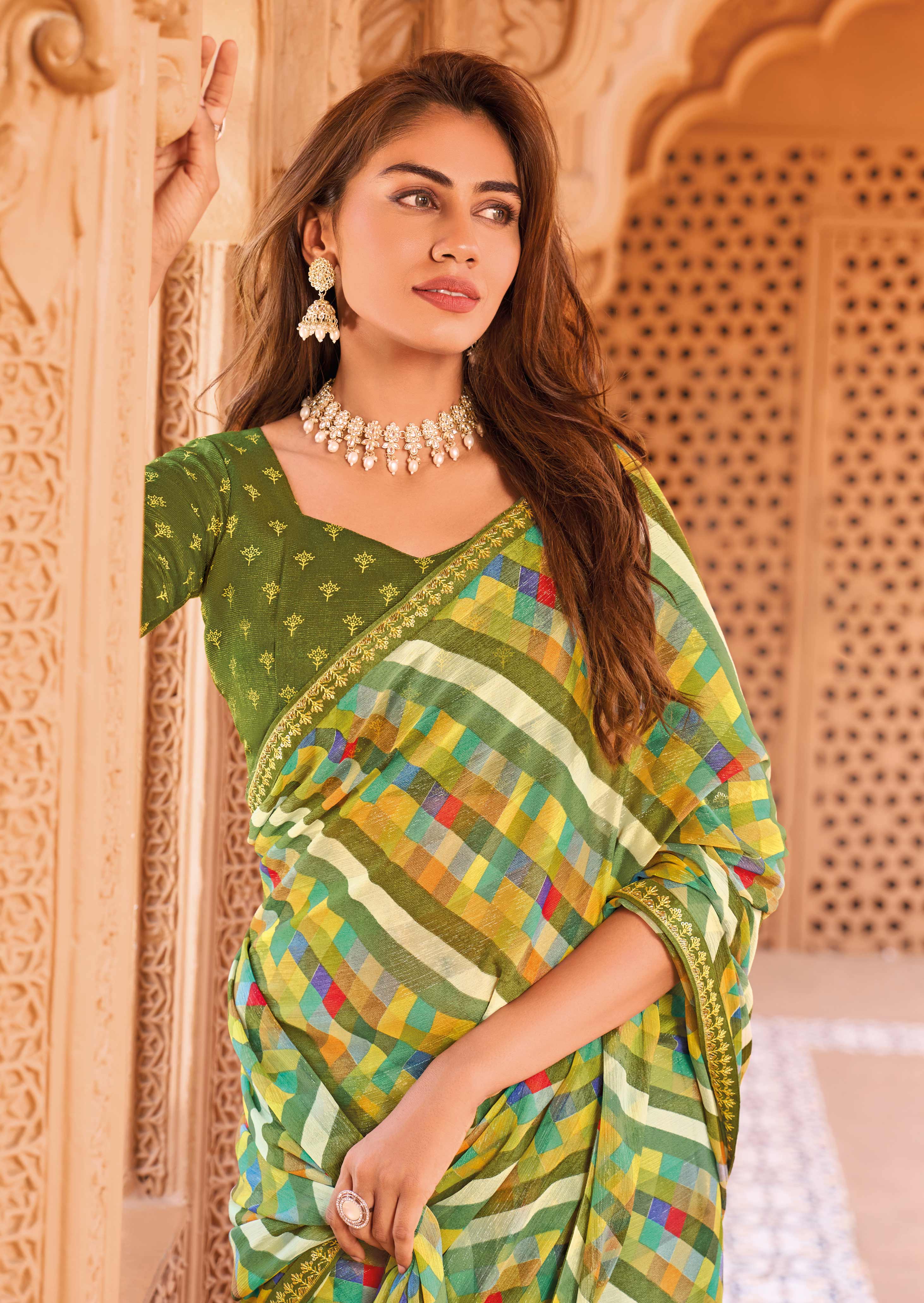 Laxmipati Madhubala Checkered Printed Chiffon Saree in Olive Green Color with Unstitched Blouse