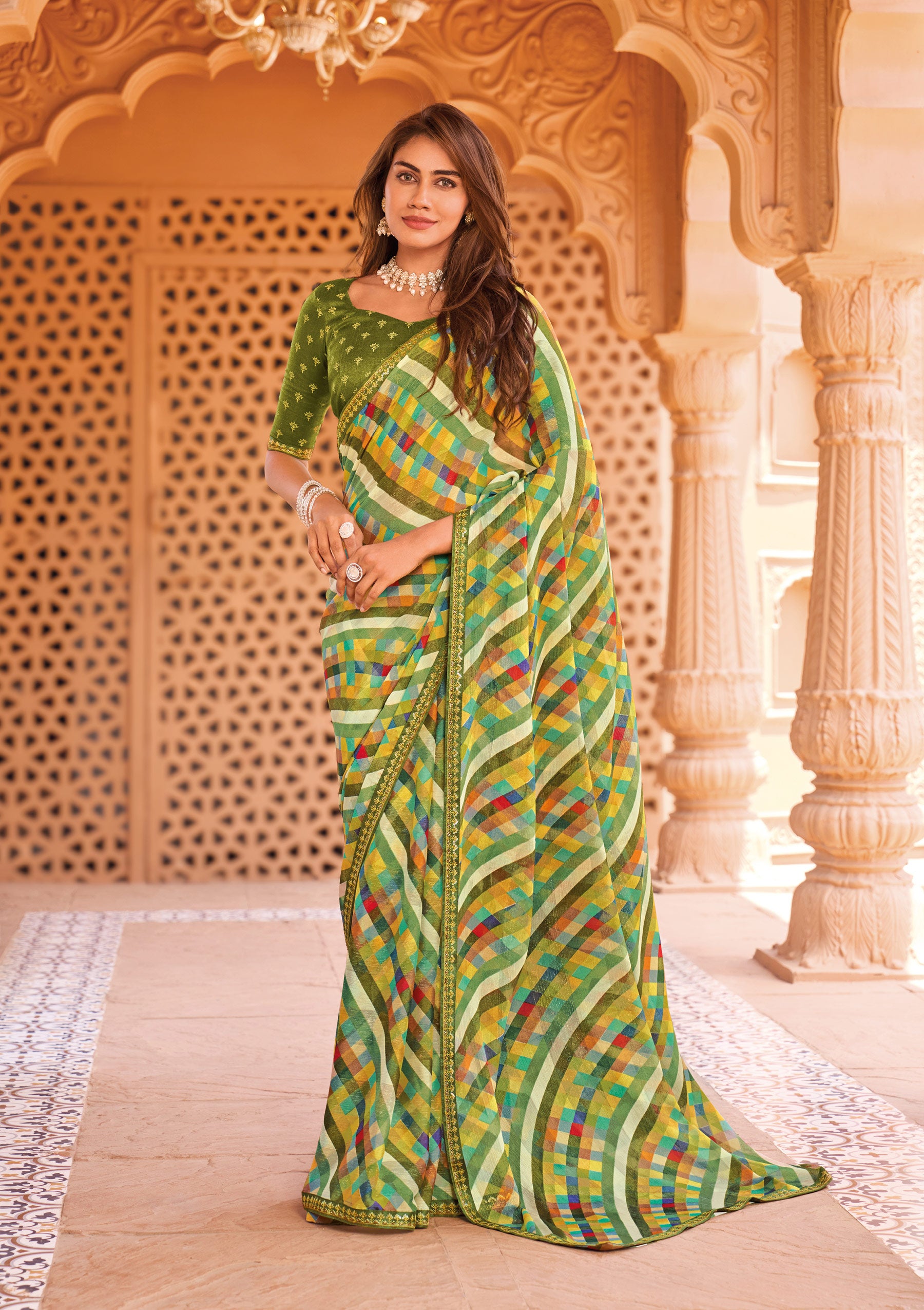 Laxmipati Madhubala Checkered Printed Chiffon Saree in Olive Green Color with Unstitched Blouse