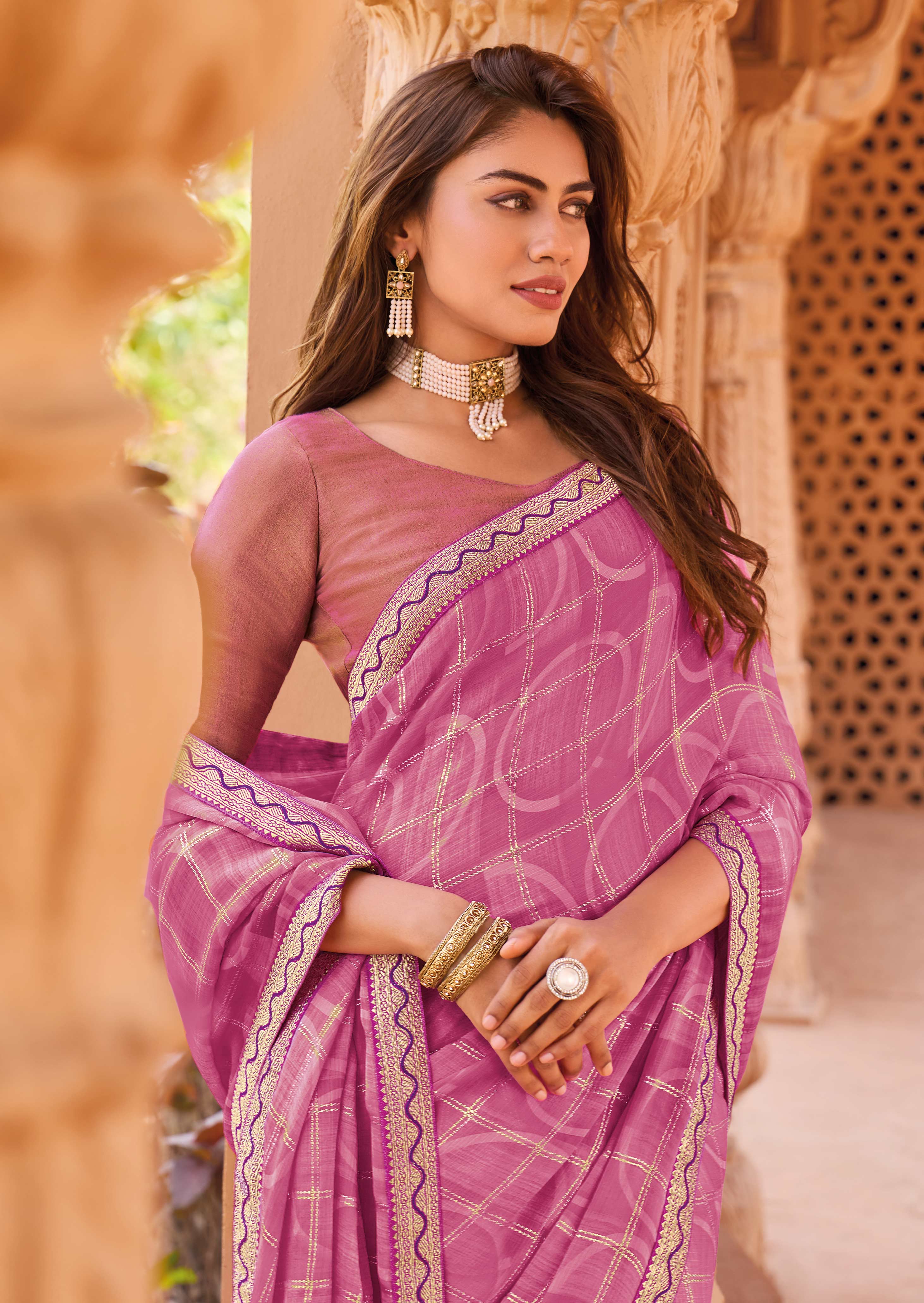 Laxmipati Madhubala Geometric Printed along with Foil Work Satin Silk Saree in Persian Pink Color with Unstitched Blouse