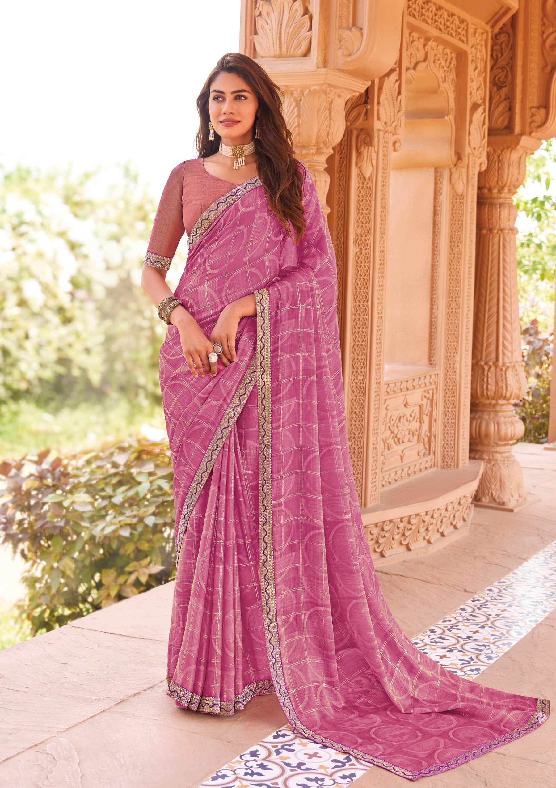 Laxmipati Madhubala Geometric Printed along with Foil Work Satin Silk Saree in Persian Pink Color with Unstitched Blouse