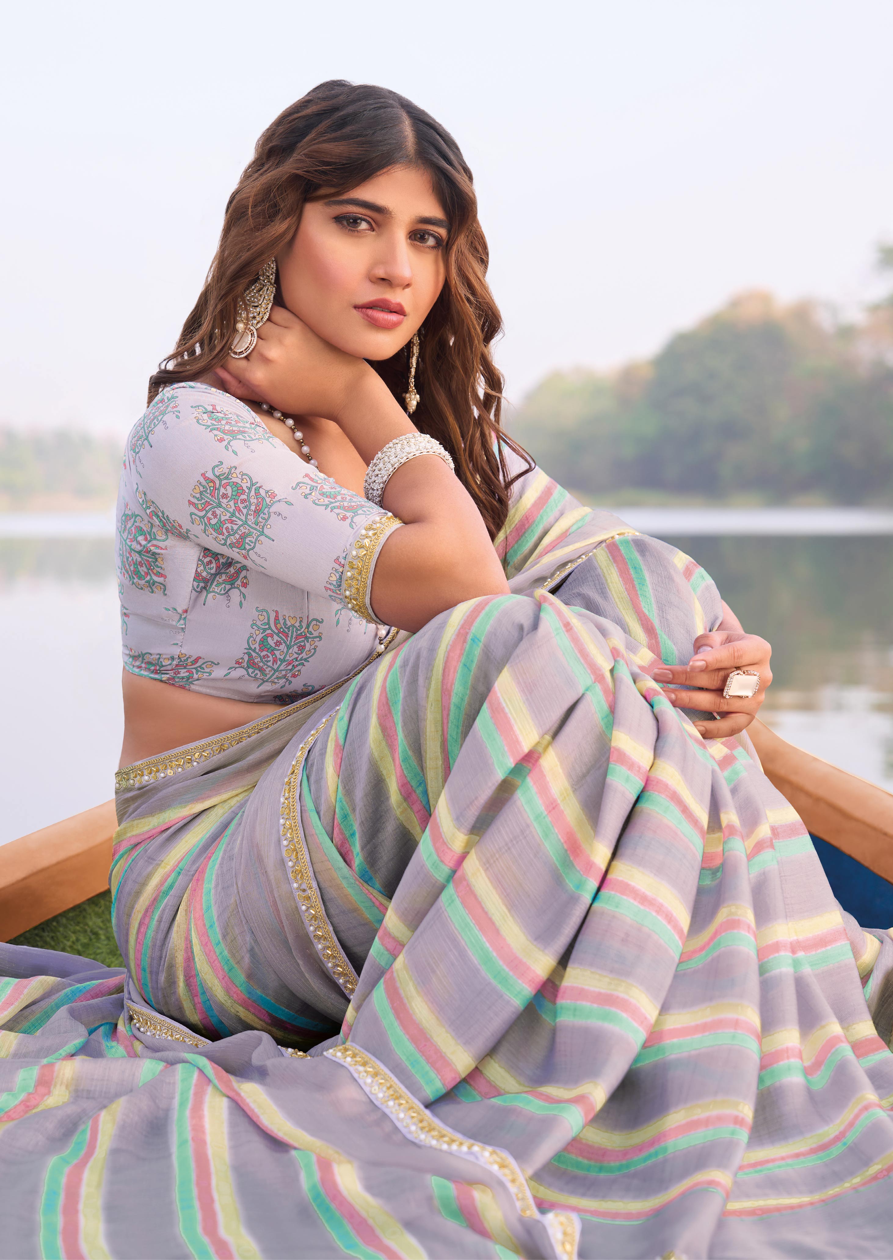 Laxmipati Madhubala Striped Printed Satin Silk Saree in Pastel Lavender Color with Unstitched Blouse