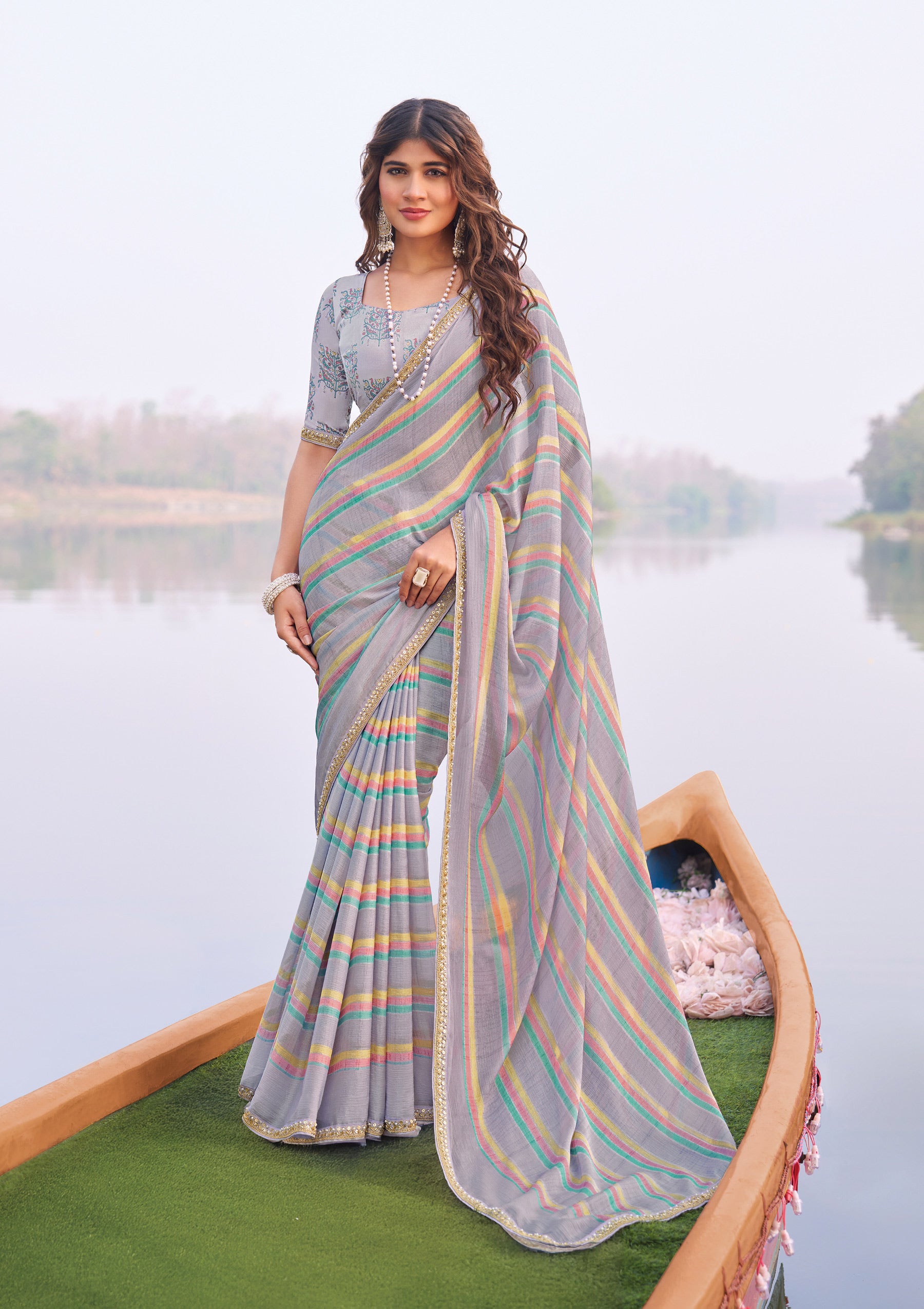 Laxmipati Madhubala Striped Printed Satin Silk Saree in Pastel Lavender Color with Unstitched Blouse