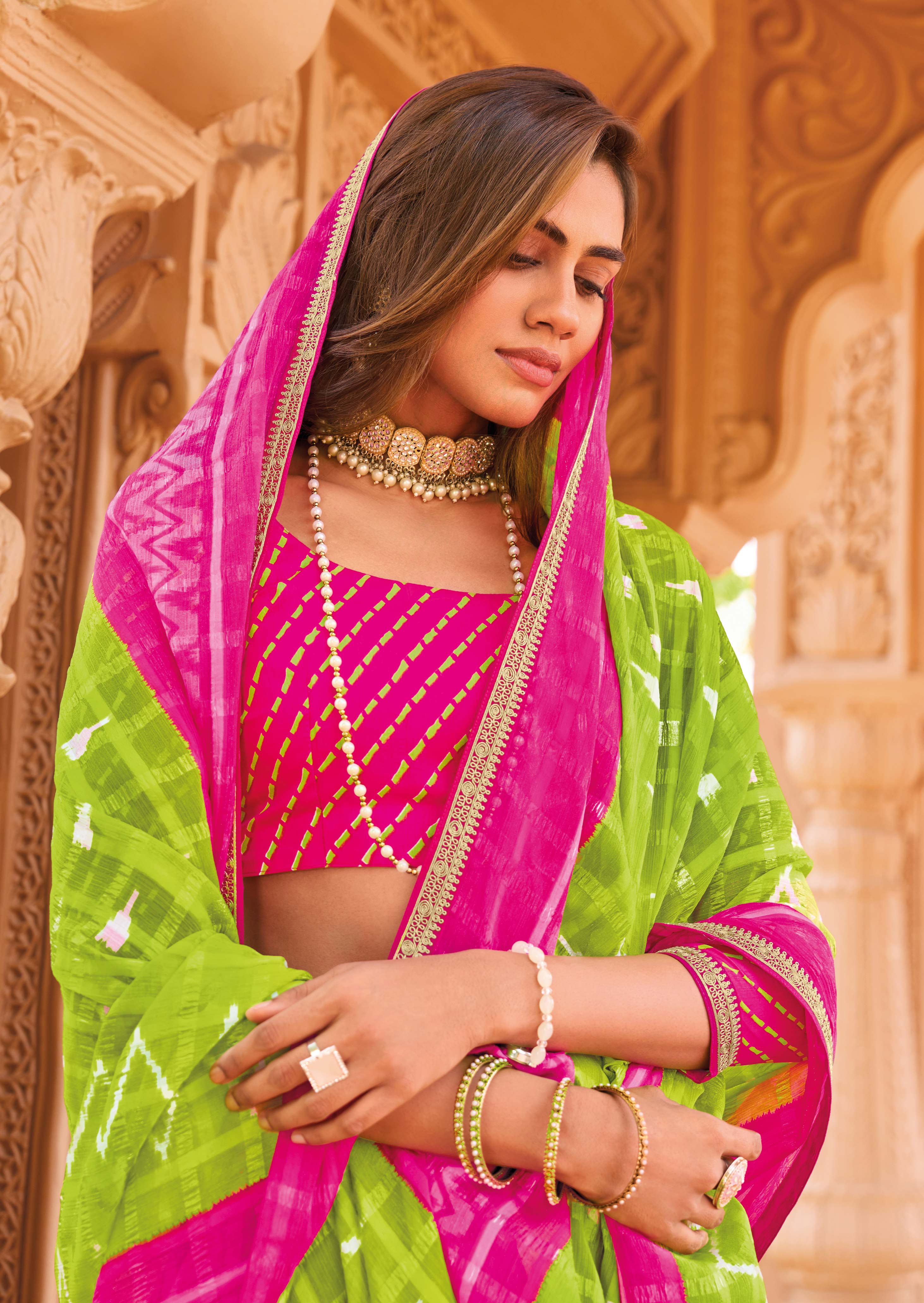 Laxmipati Madhubala Checkered & ikkat Printed with Foil Work Chiffon Saree Neon Green with Unstitched Blouse