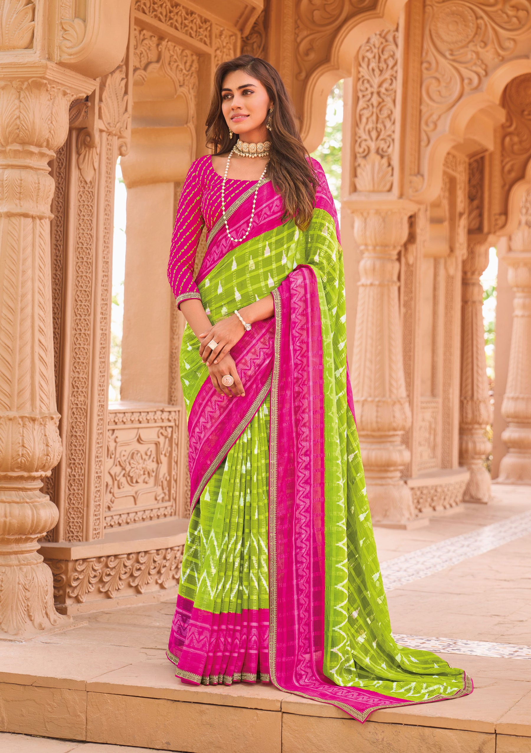Laxmipati Madhubala Checkered & ikkat Printed with Foil Work Chiffon Saree Neon Green with Unstitched Blouse