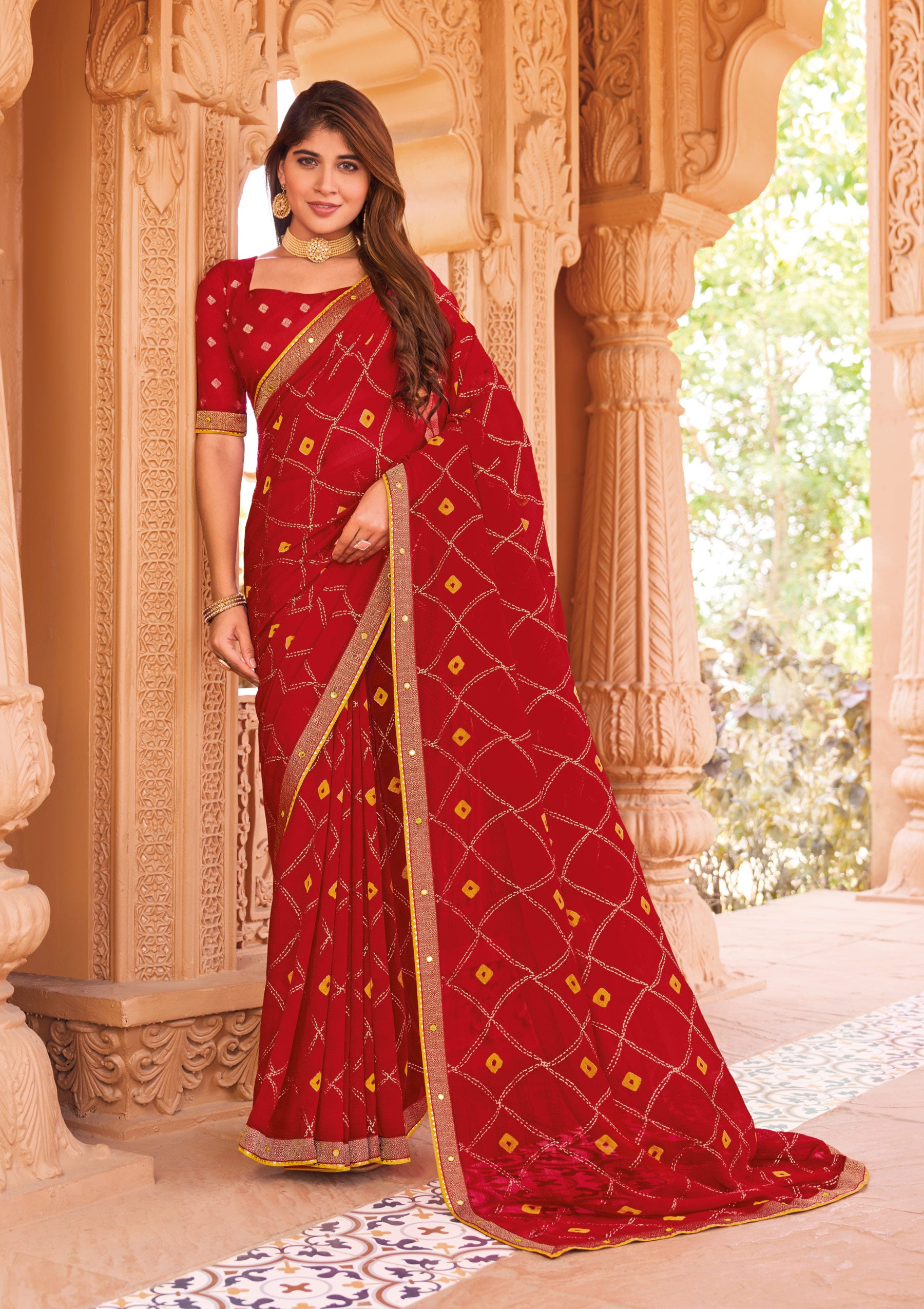 Laxmipati Madhubala Geometric Foil Printed Georgette Saree in Red Color with Unstitched Blouse