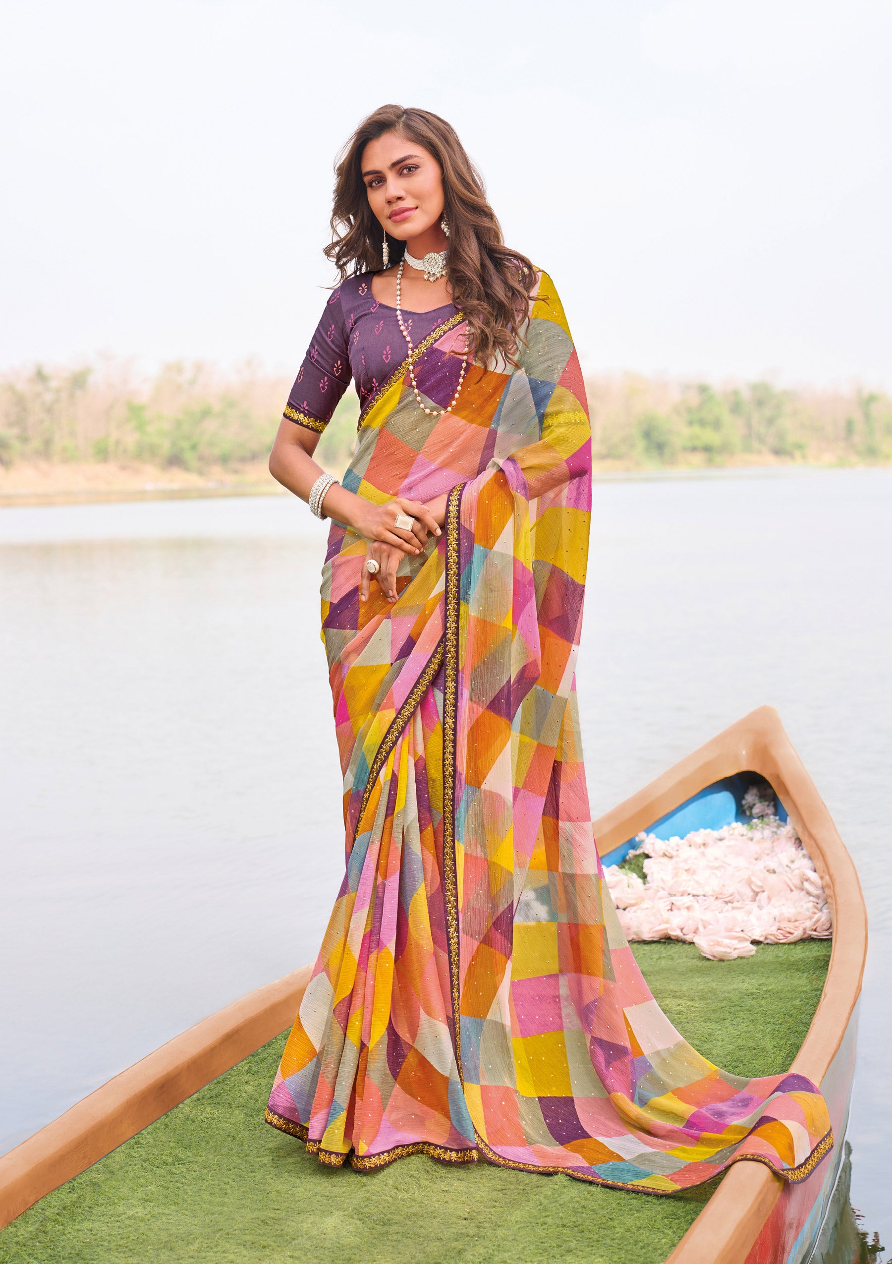 Ready to Wear Laxmipati Madhubala Checkered Printed Chiffon Saree in Multicolor Color with Unstitched Blouse