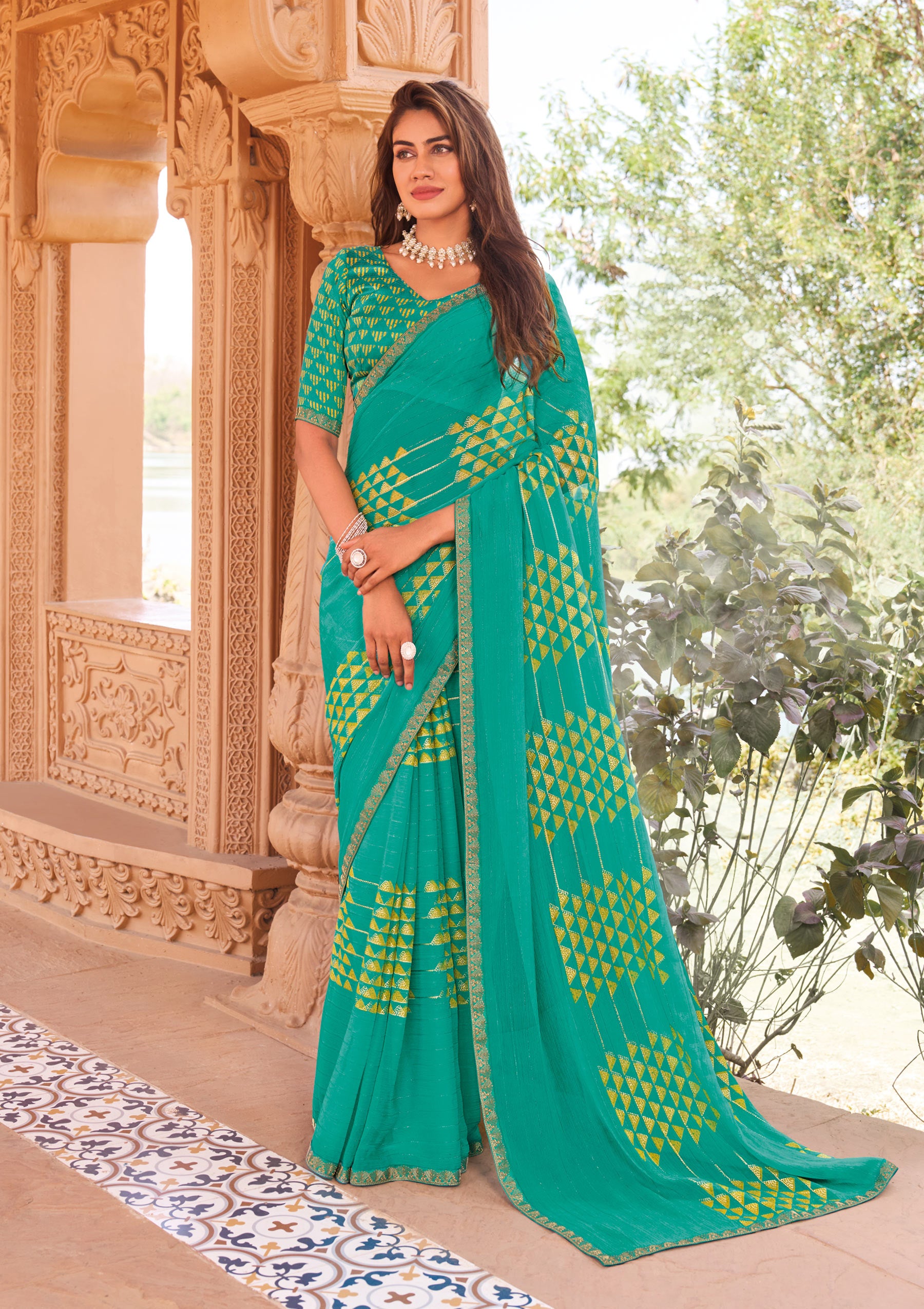 Laxmipati Madhubala Geometric Printed Georgette in Teal Green Color with Unstitched Blouse