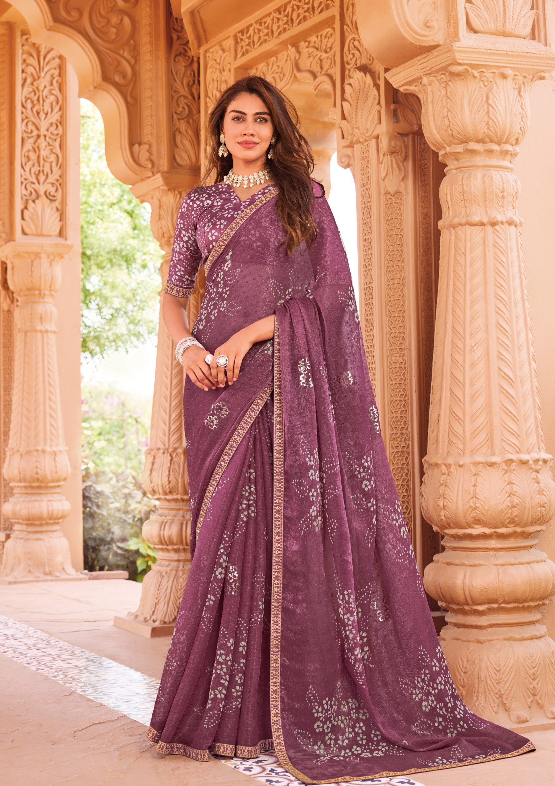 Laxmipati Madhubala Floral Printed Tissue Organza Saree in Wine Plum Color with Unstitched Blouse