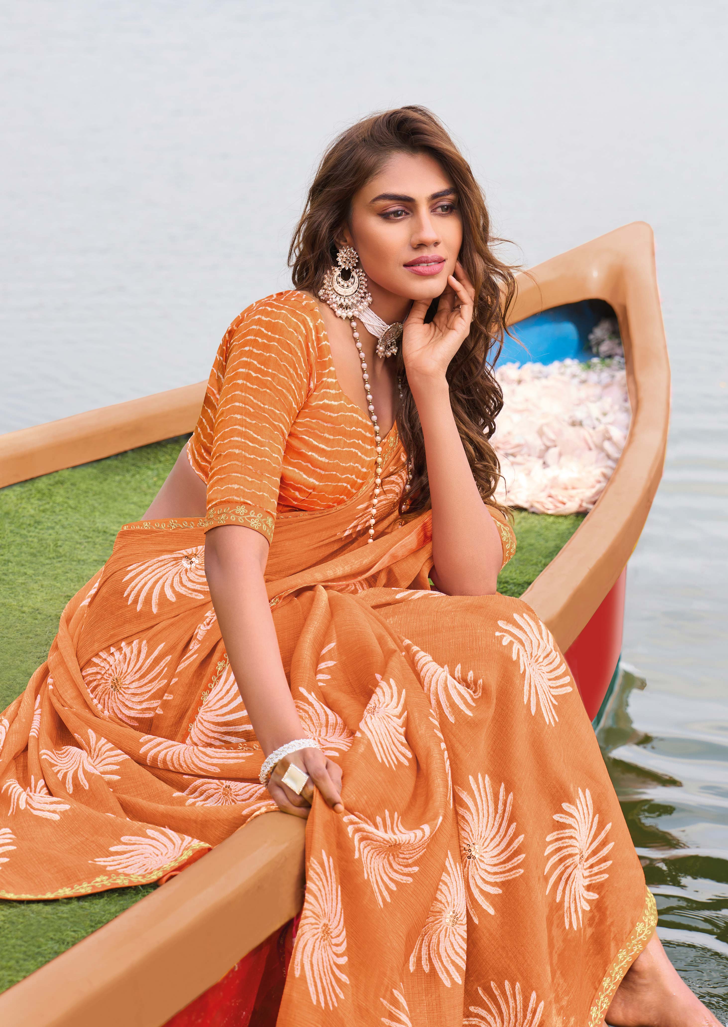 Ready to Wear Laxmipati Madhubala Floral Printed Chiffon Saree in Orange Color with Unstitched Blouse