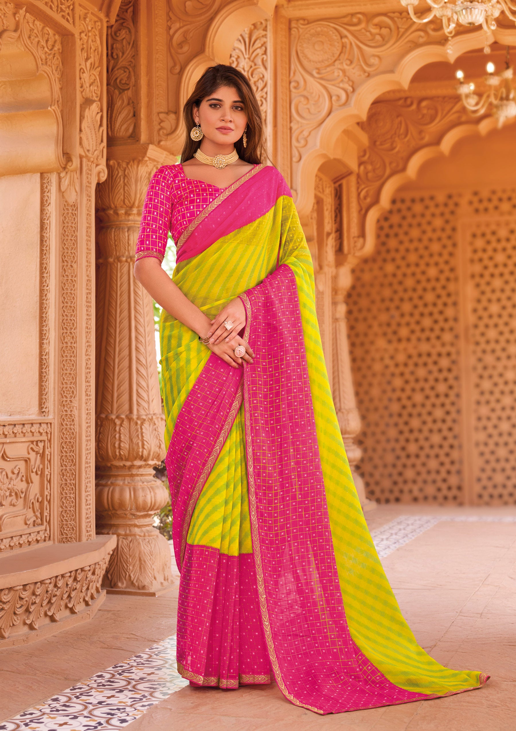 Ready to Wear Laxmipati Madhubala Checkered & Striped Printed Chiffon Saree in Green Color with Unstitched Blouse