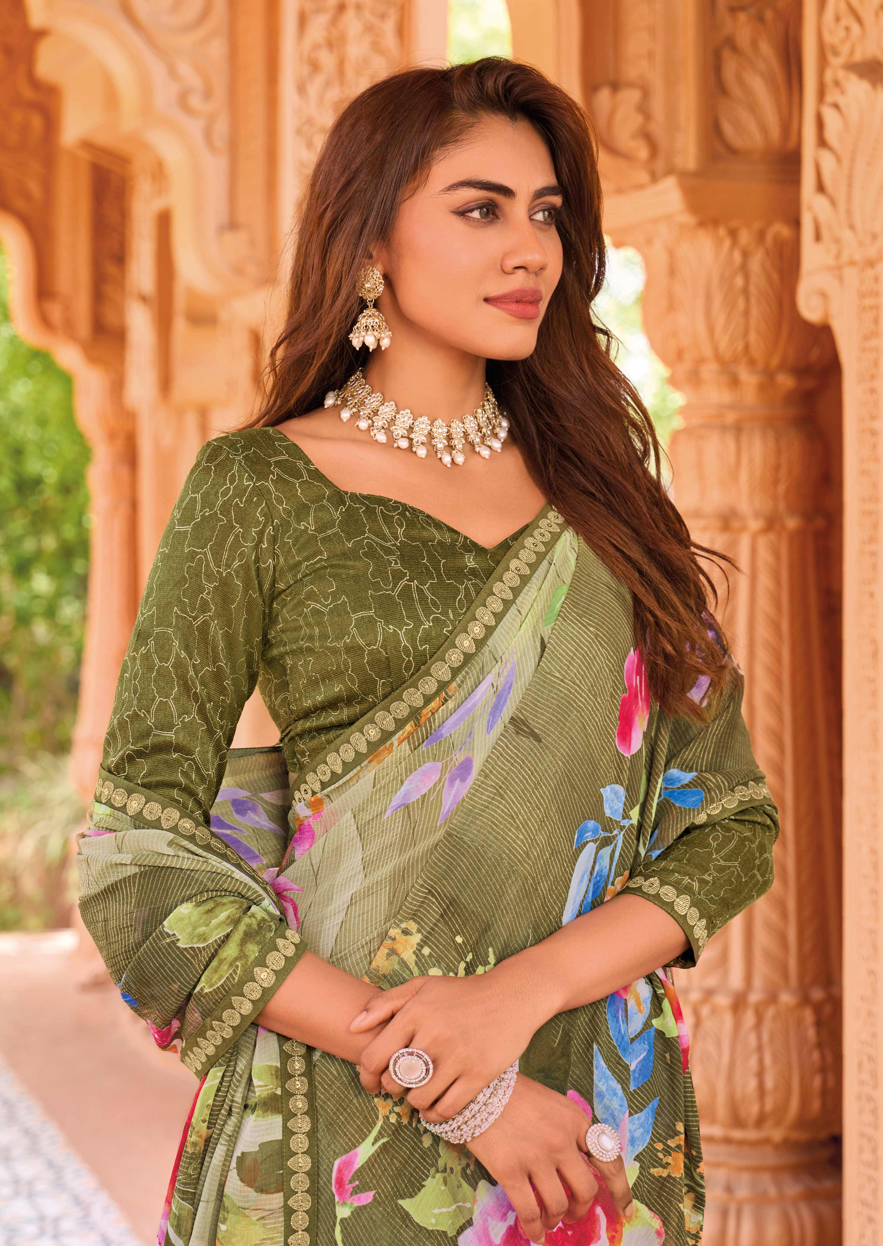 Ready to Wear Laxmipati Madhubala Floral Printed Georgette Saree in Olive Green Color with Unstitched Blouse