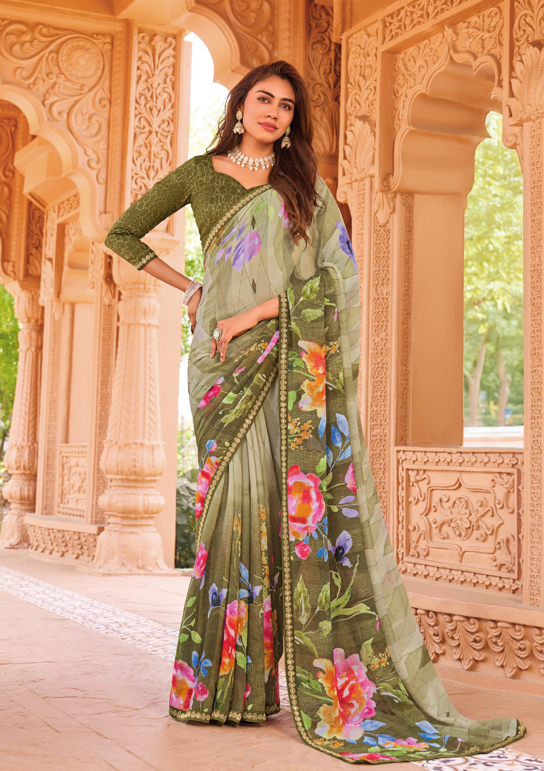 Laxmipati Madhubala Floral Printed Georgette Saree in Olive Green Color with Unstitched Blouse