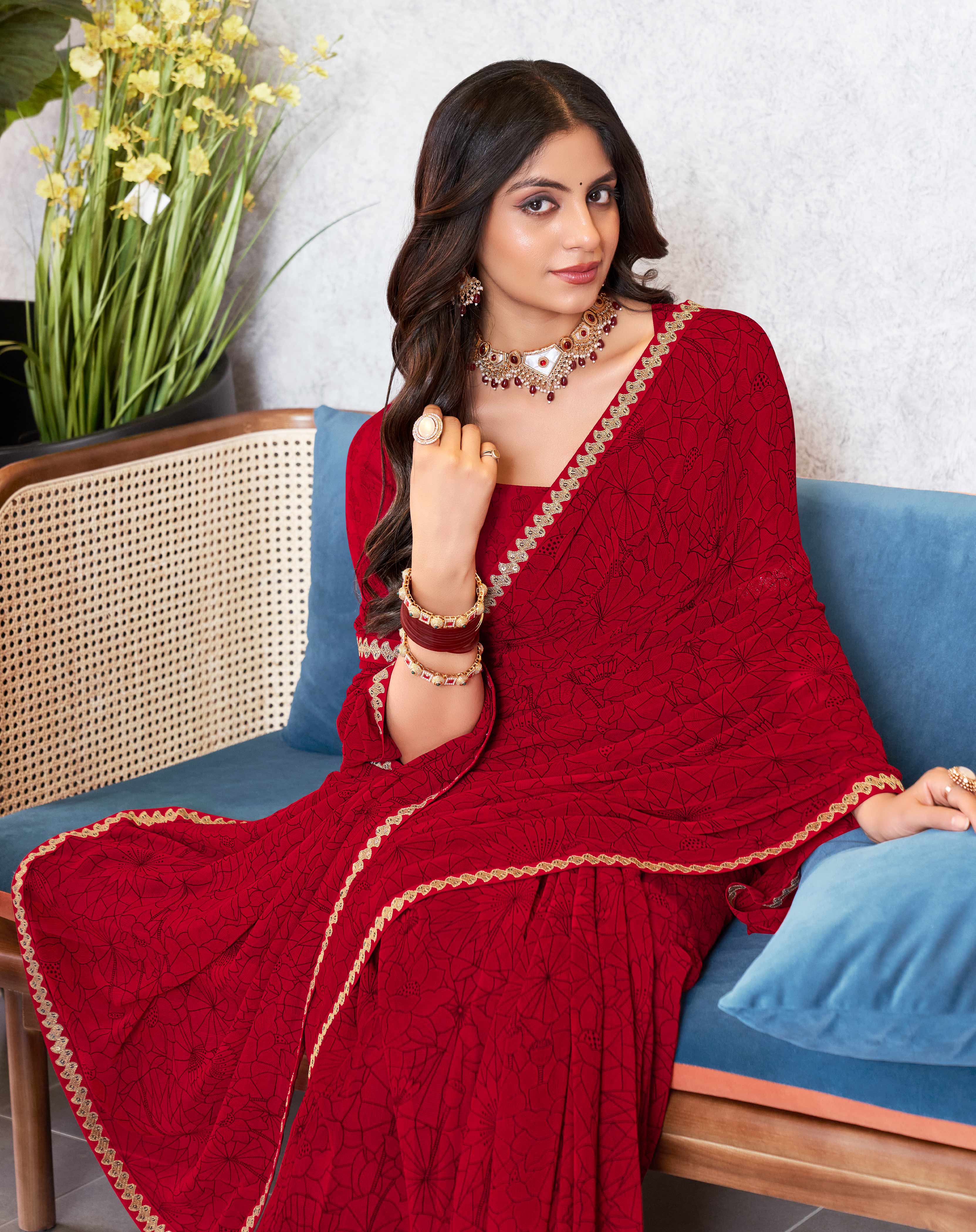 Laxmipati Mala Floral Printed Georgette Saree in Deep Red Color with Unstitched Blouse