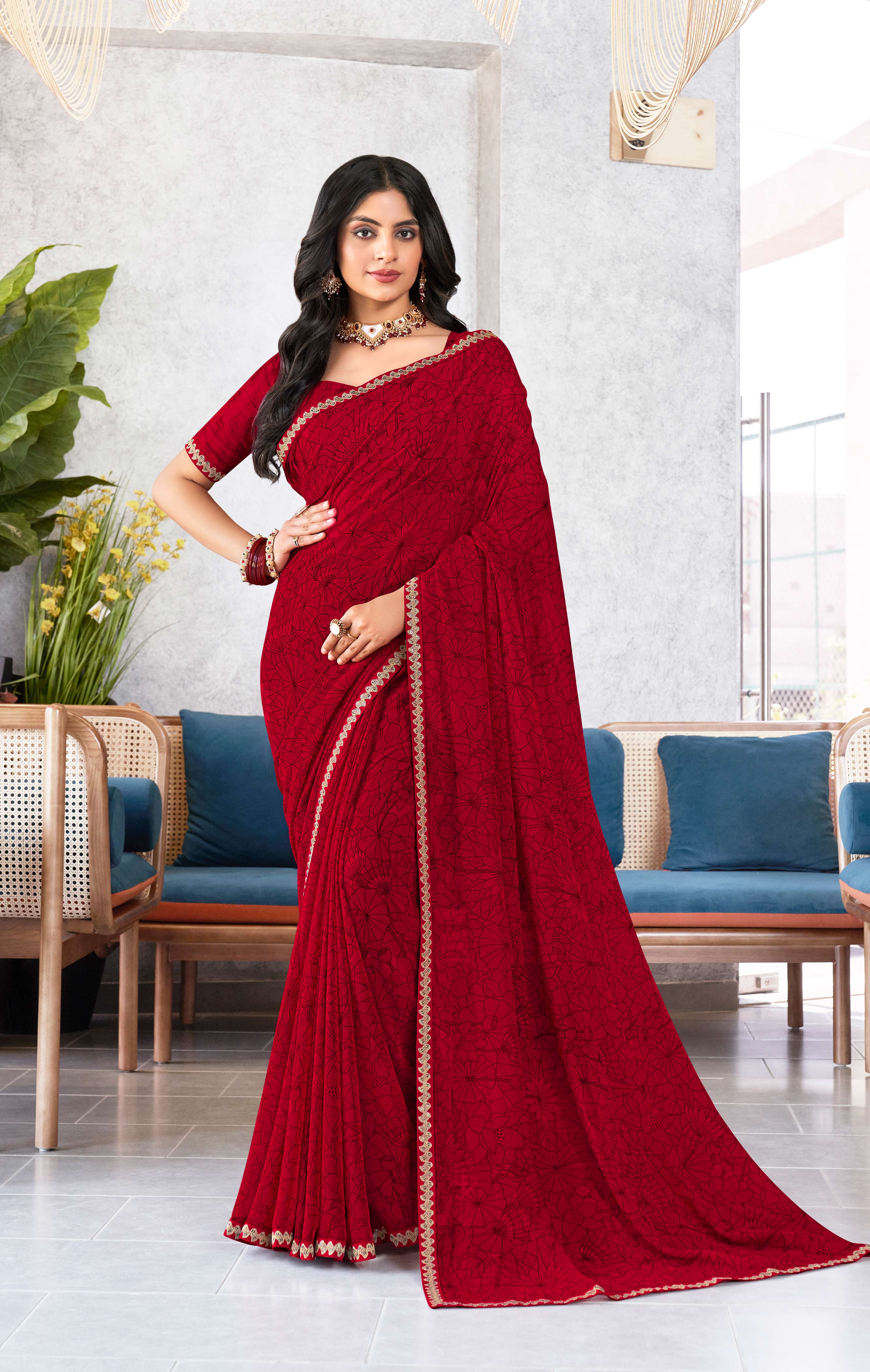 Laxmipati Mala Floral Printed Georgette Saree in Deep Red Color with Unstitched Blouse